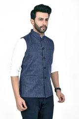 Stylish Poly Khadi dark navy blue sleeveless Jacket – Handwoven Elegance for All Seasons Stylish Poly Khadi dark navy blue sleeveless Jacket – Handwoven Elegance for All Seasons
