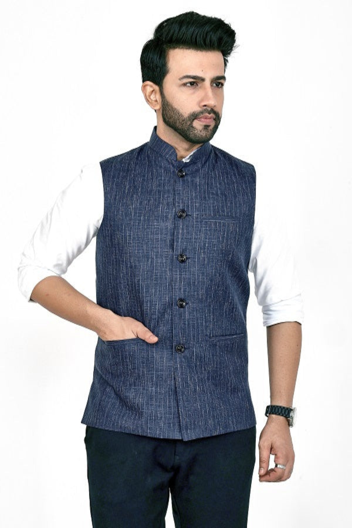 Stylish Poly Khadi dark navy blue sleeveless Jacket – Handwoven Elegance for All Seasons