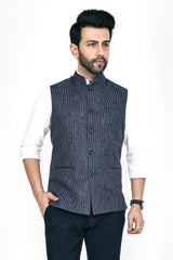 Stylish Poly Khadi navy blue sleeveless Jacket – Handwoven Elegance for All Seasons Stylish Poly Khadi navy blue sleeveless Jacket – Handwoven Elegance for All Seasons