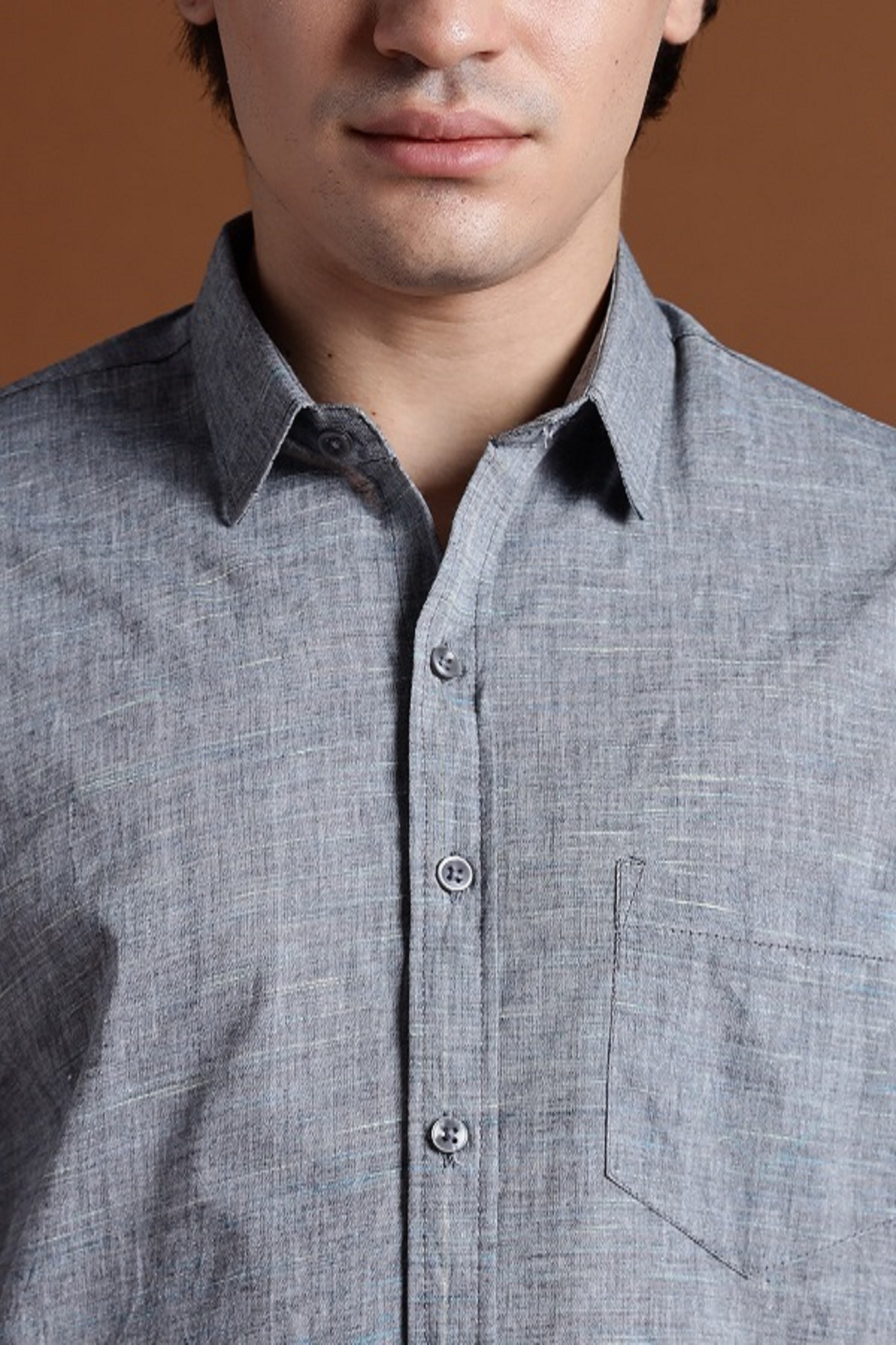 40s Single Thread Grey Khadi Shirt – Handspun & Handwoven 100% Pure Cotton | Lightweight, Natural Comfort, Traditional Craft Meets Modern Style