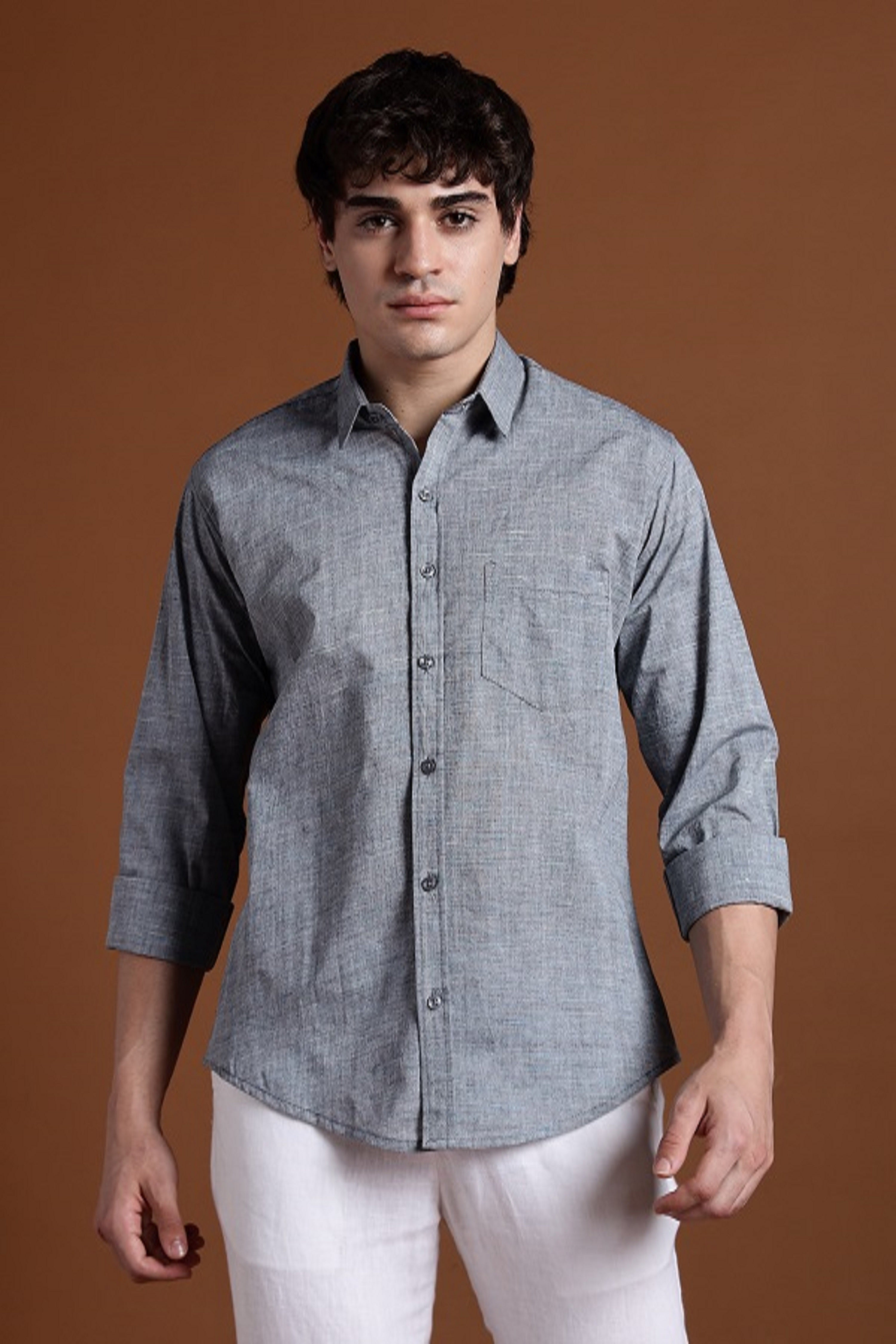 40s Single Thread Grey Khadi Shirt – Handspun & Handwoven 100% Pure Cotton | Lightweight, Natural Comfort, Traditional Craft Meets Modern Style