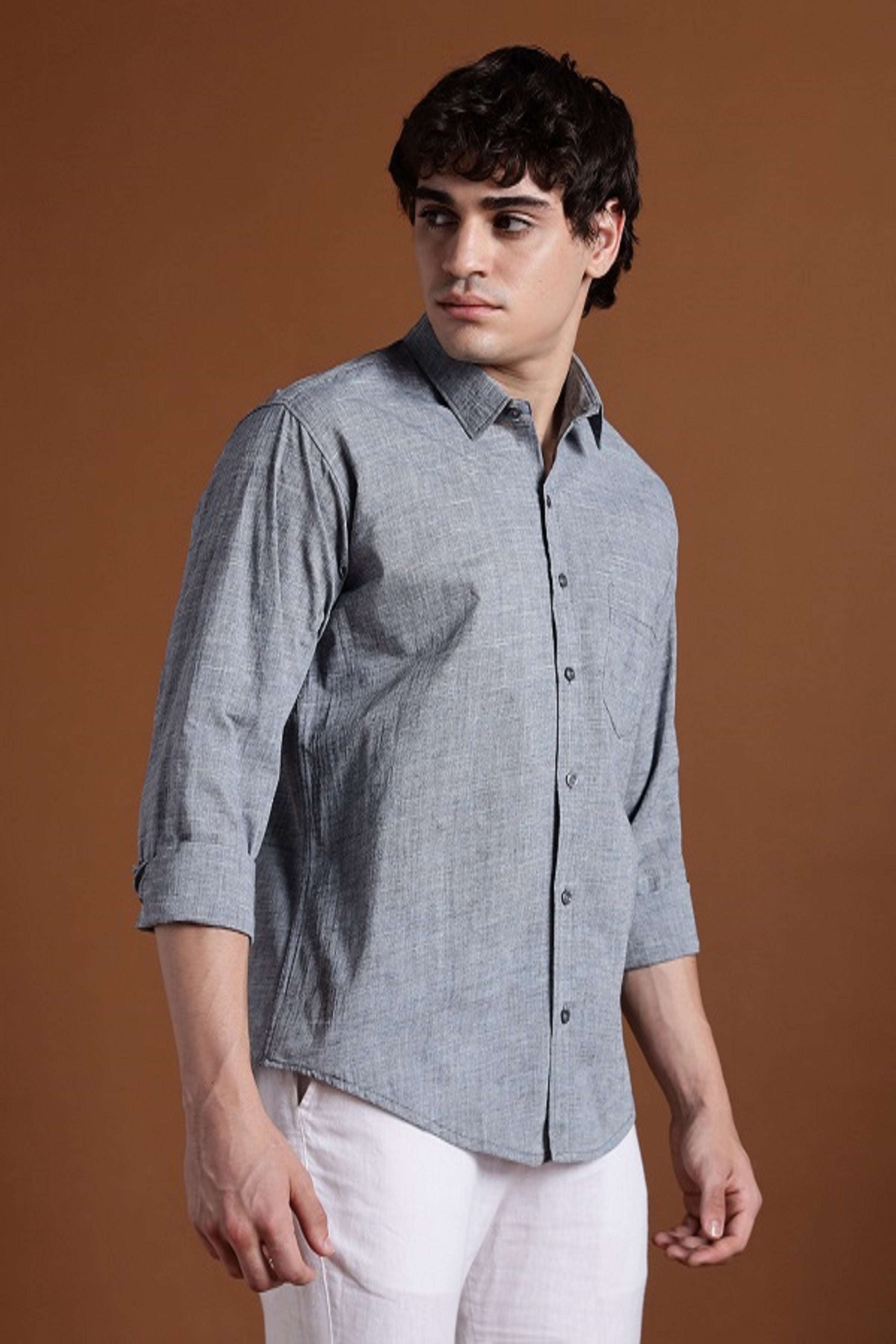 40s Single Thread Grey Khadi Shirt – Handspun & Handwoven 100% Pure Cotton | Lightweight, Natural Comfort, Traditional Craft Meets Modern Style
