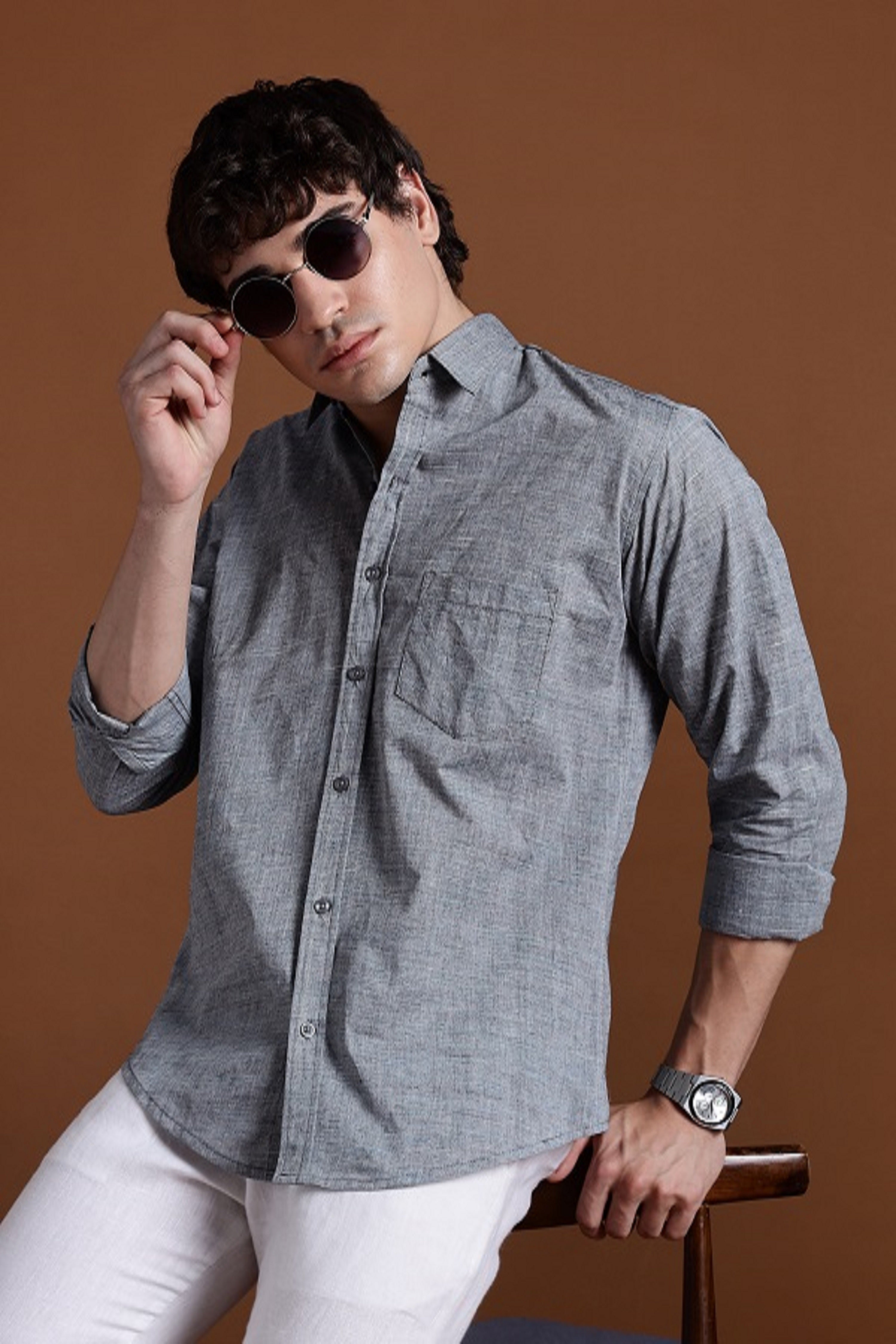 40s Single Thread Grey Khadi Shirt – Handspun & Handwoven 100% Pure Cotton | Lightweight, Natural Comfort, Traditional Craft Meets Modern Style
