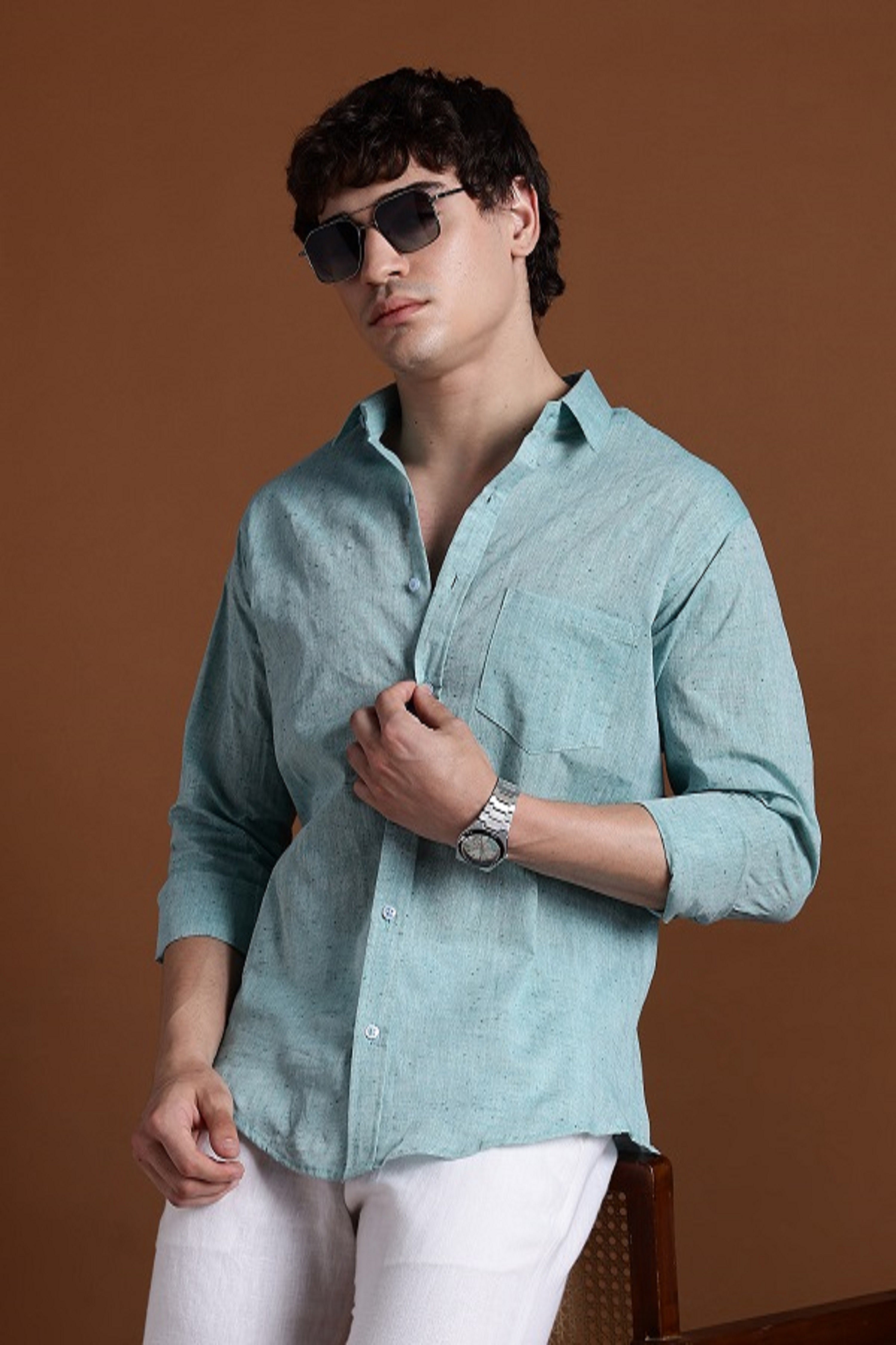 40s Single Thread Sky Blue Khadi Shirt – Handspun & Handwoven 100% Pure Cotton | Lightweight, Natural Comfort, Traditional Craft Meets Modern Style