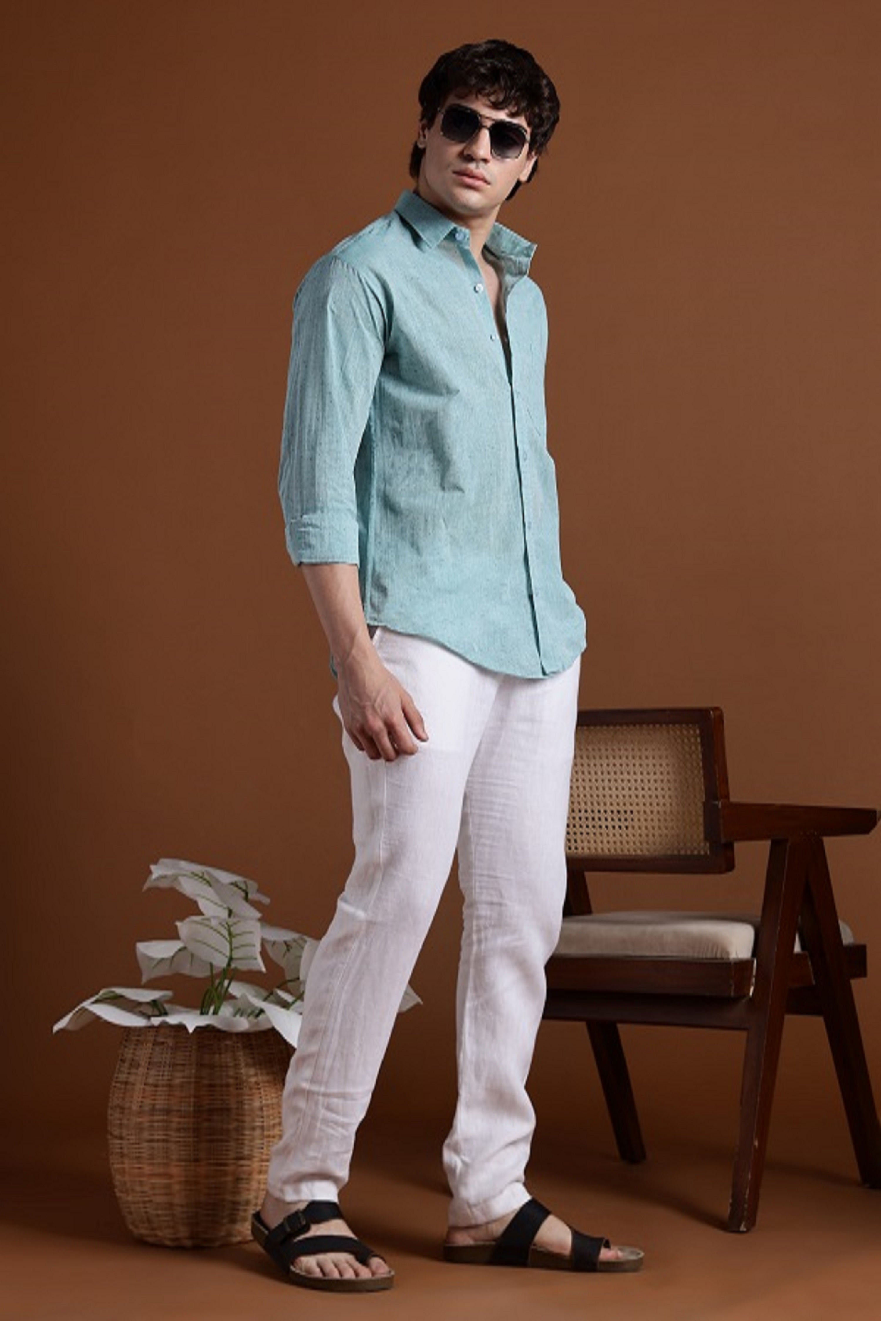 40s Single Thread Sky Blue Khadi Shirt – Handspun & Handwoven 100% Pure Cotton | Lightweight, Natural Comfort, Traditional Craft Meets Modern Style
