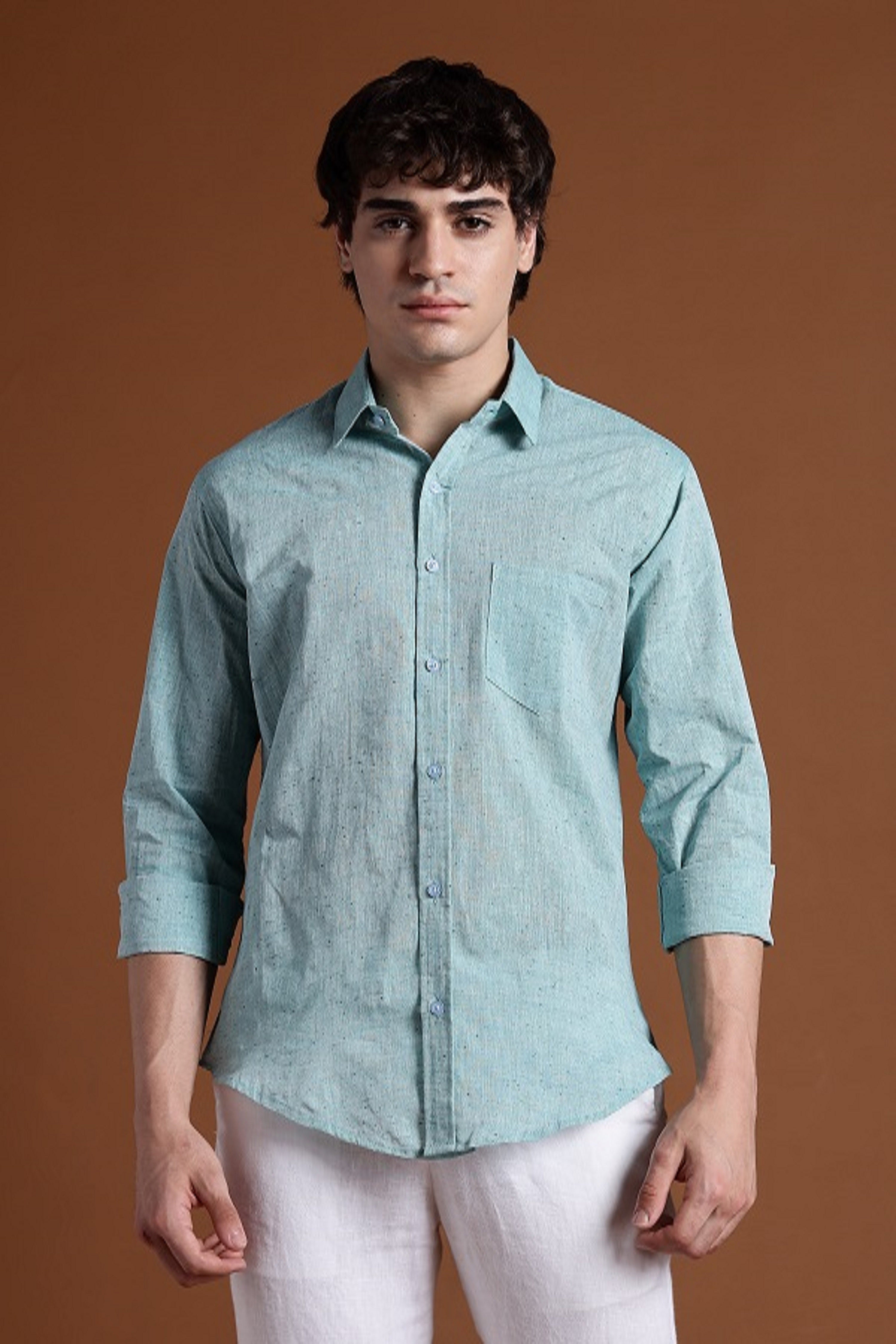 40s Single Thread Sky Blue Khadi Shirt – Handspun & Handwoven 100% Pure Cotton | Lightweight, Natural Comfort, Traditional Craft Meets Modern Style