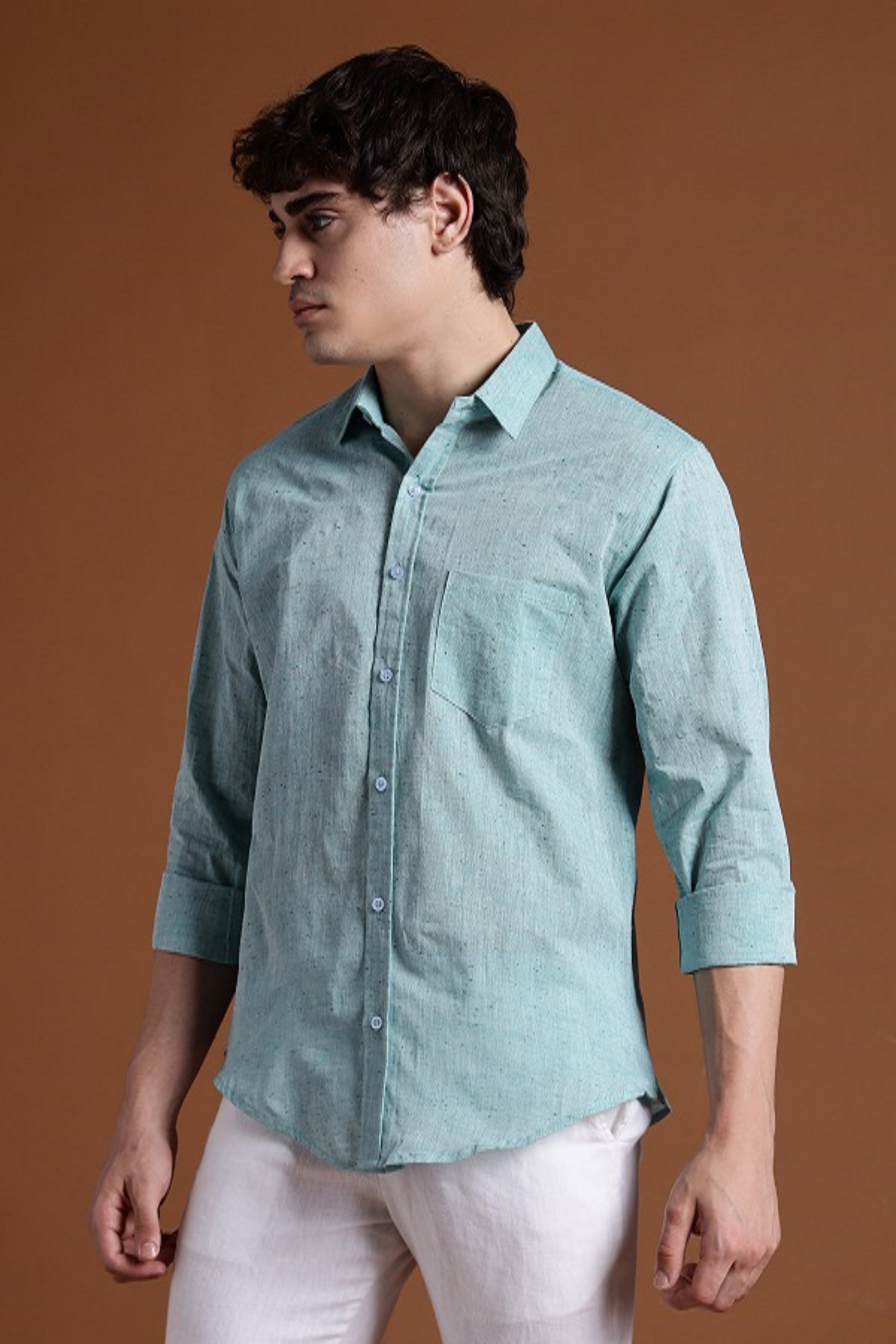 40s Single Thread Sky Blue Khadi Shirt – Handspun & Handwoven 100% Pure Cotton | Lightweight, Natural Comfort, Traditional Craft Meets Modern Style