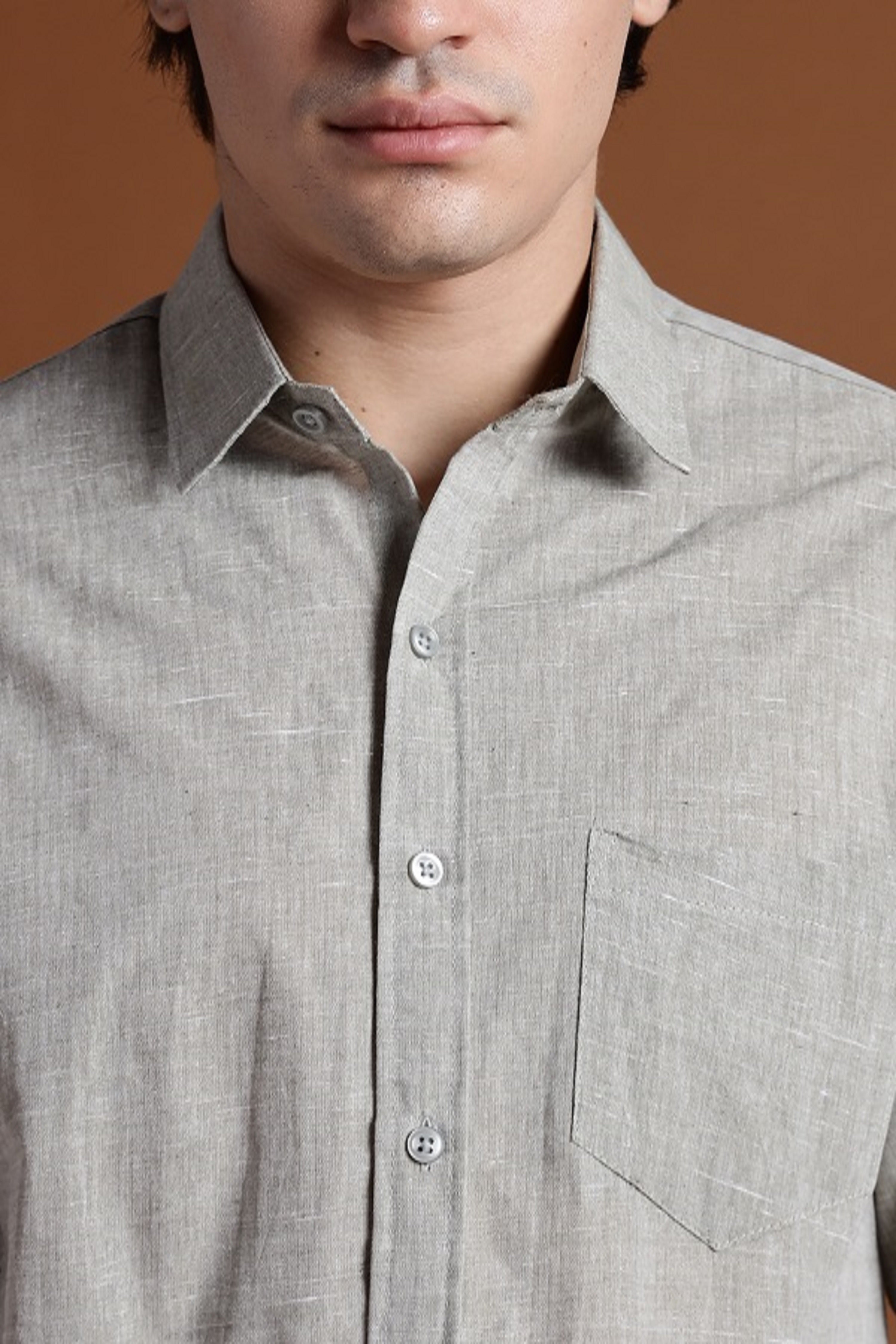 40s Single Thread Light Grey Khadi Shirt – Handspun & Handwoven 100% Pure Cotton | Lightweight, Natural Comfort, Traditional Craft Meets Modern Style
