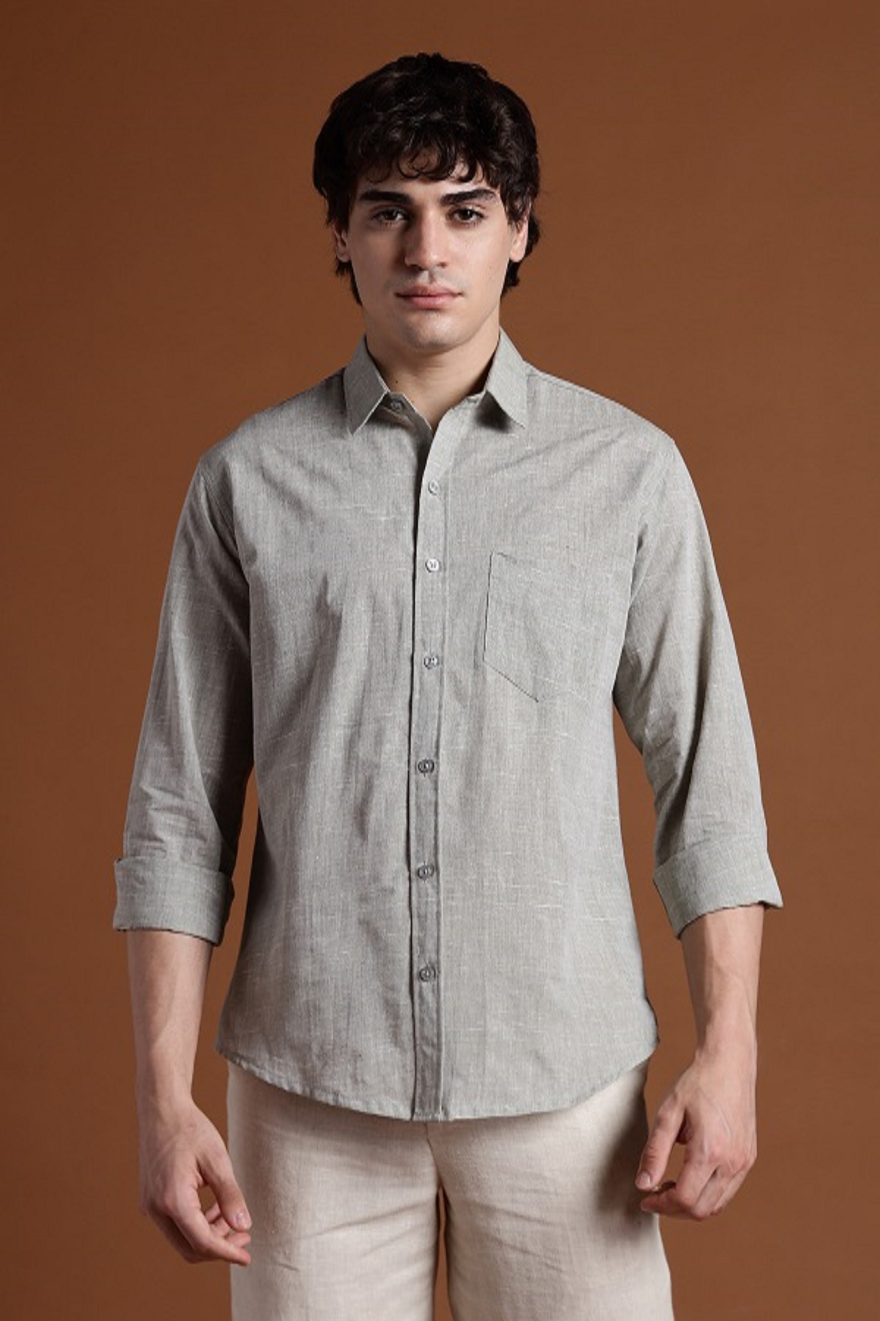 40s Single Thread Light Grey Khadi Shirt – Handspun & Handwoven 100% Pure Cotton | Lightweight, Natural Comfort, Traditional Craft Meets Modern Style