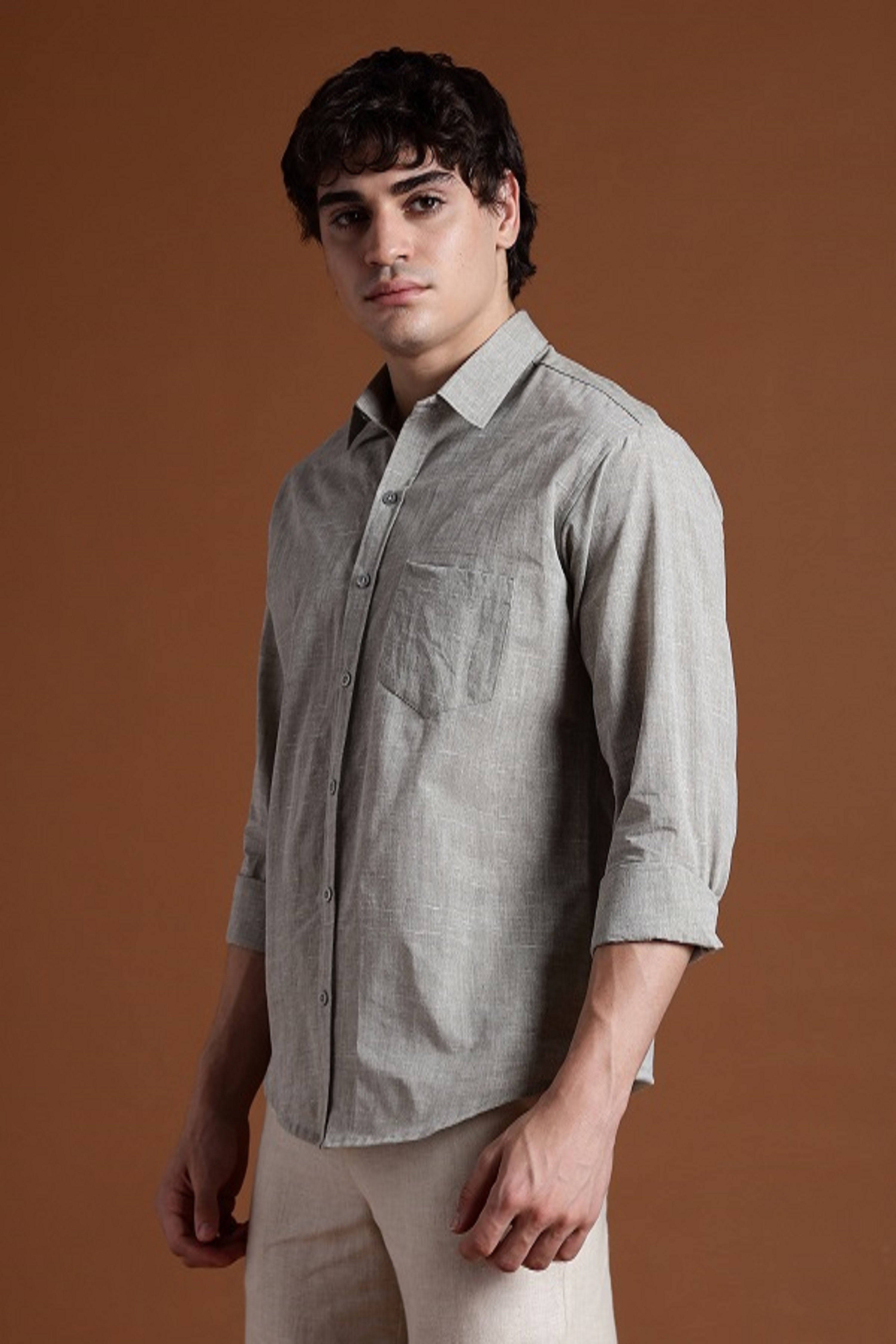 40s Single Thread Light Grey Khadi Shirt – Handspun & Handwoven 100% Pure Cotton | Lightweight, Natural Comfort, Traditional Craft Meets Modern Style