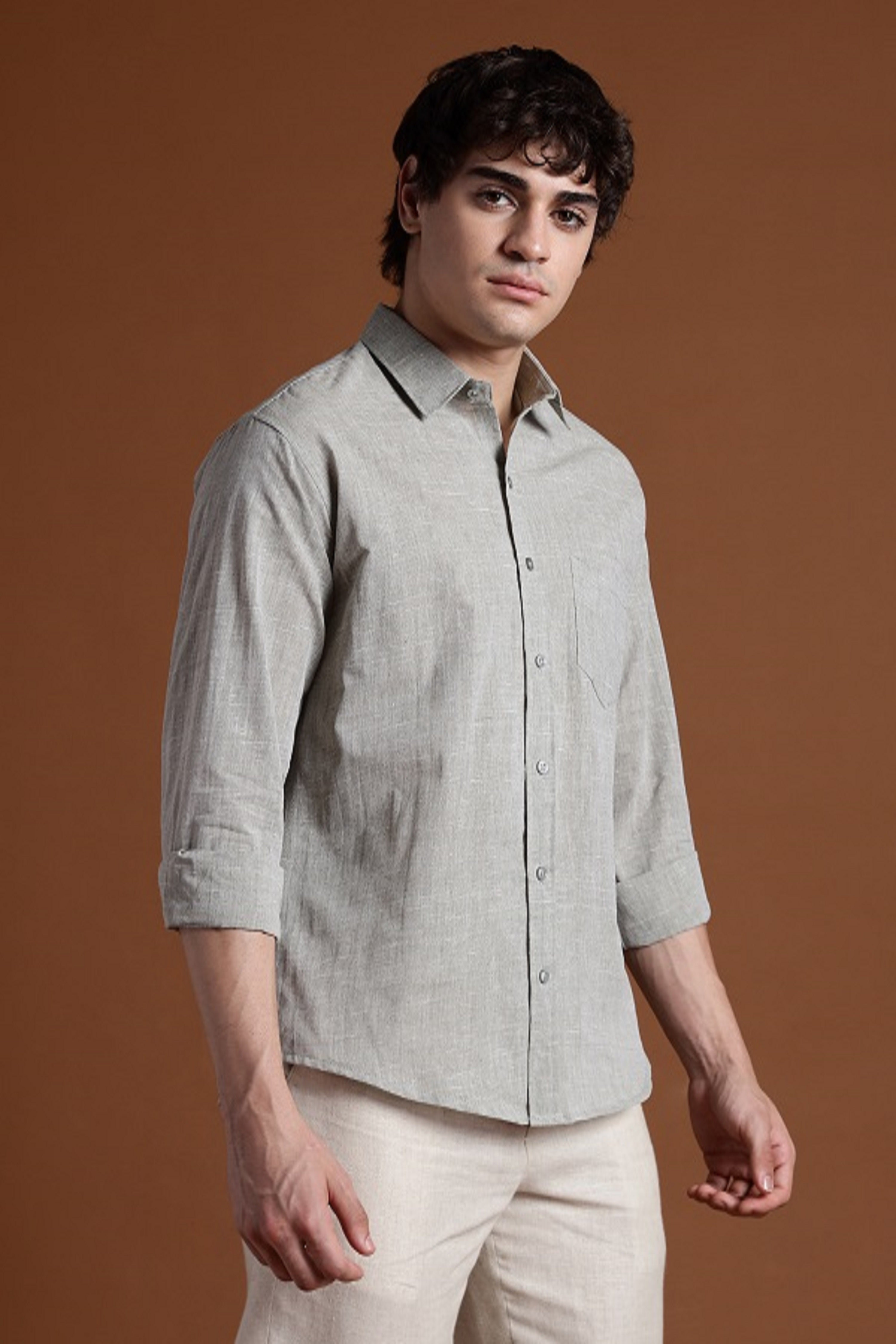 40s Single Thread Light Grey Khadi Shirt – Handspun & Handwoven 100% Pure Cotton | Lightweight, Natural Comfort, Traditional Craft Meets Modern Style