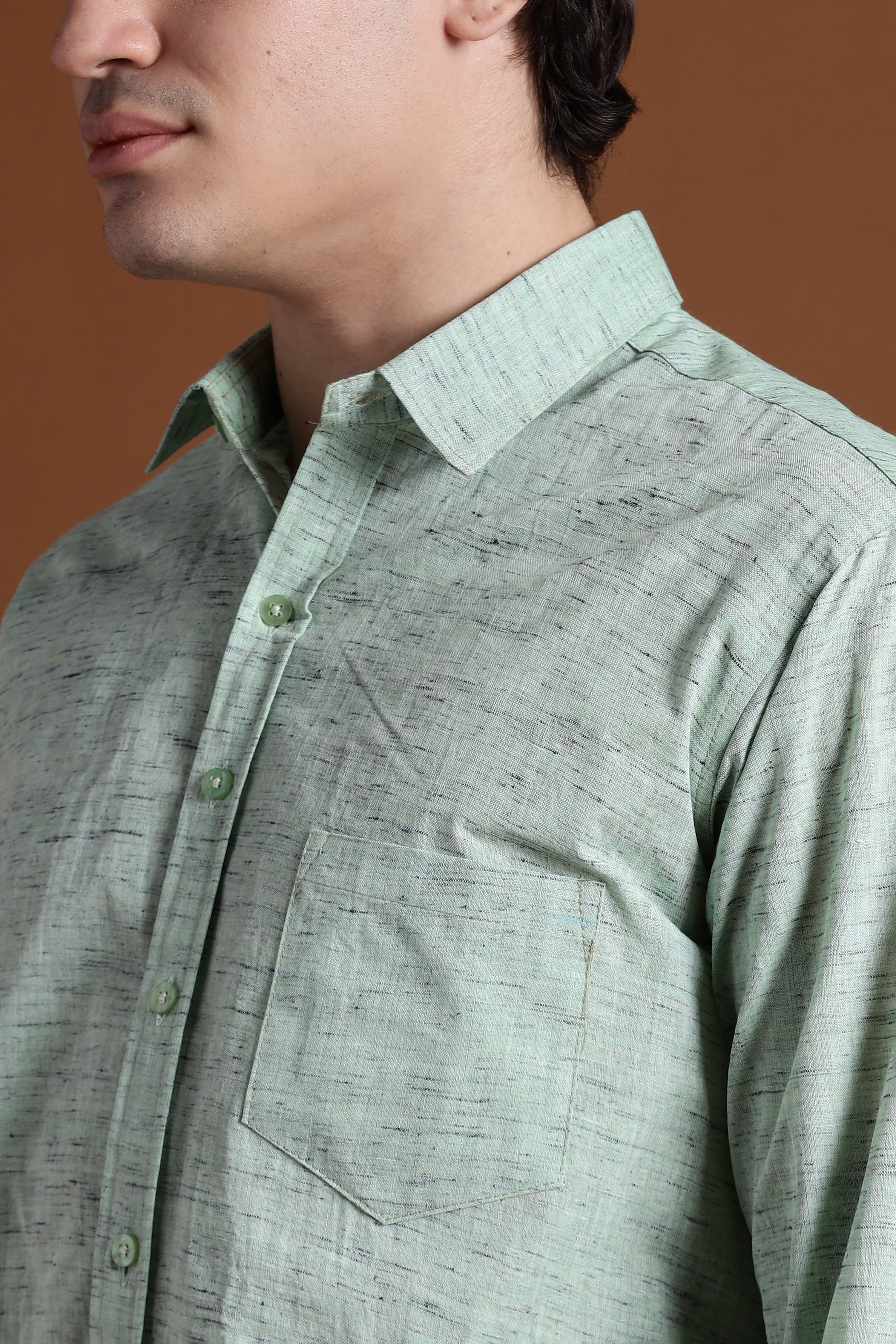 40s Single Thread Pista Colour Khadi Shirt – Handspun & Handwoven 100% Pure Cotton | Lightweight, Natural Comfort, Traditional Craft Meets Modern Style