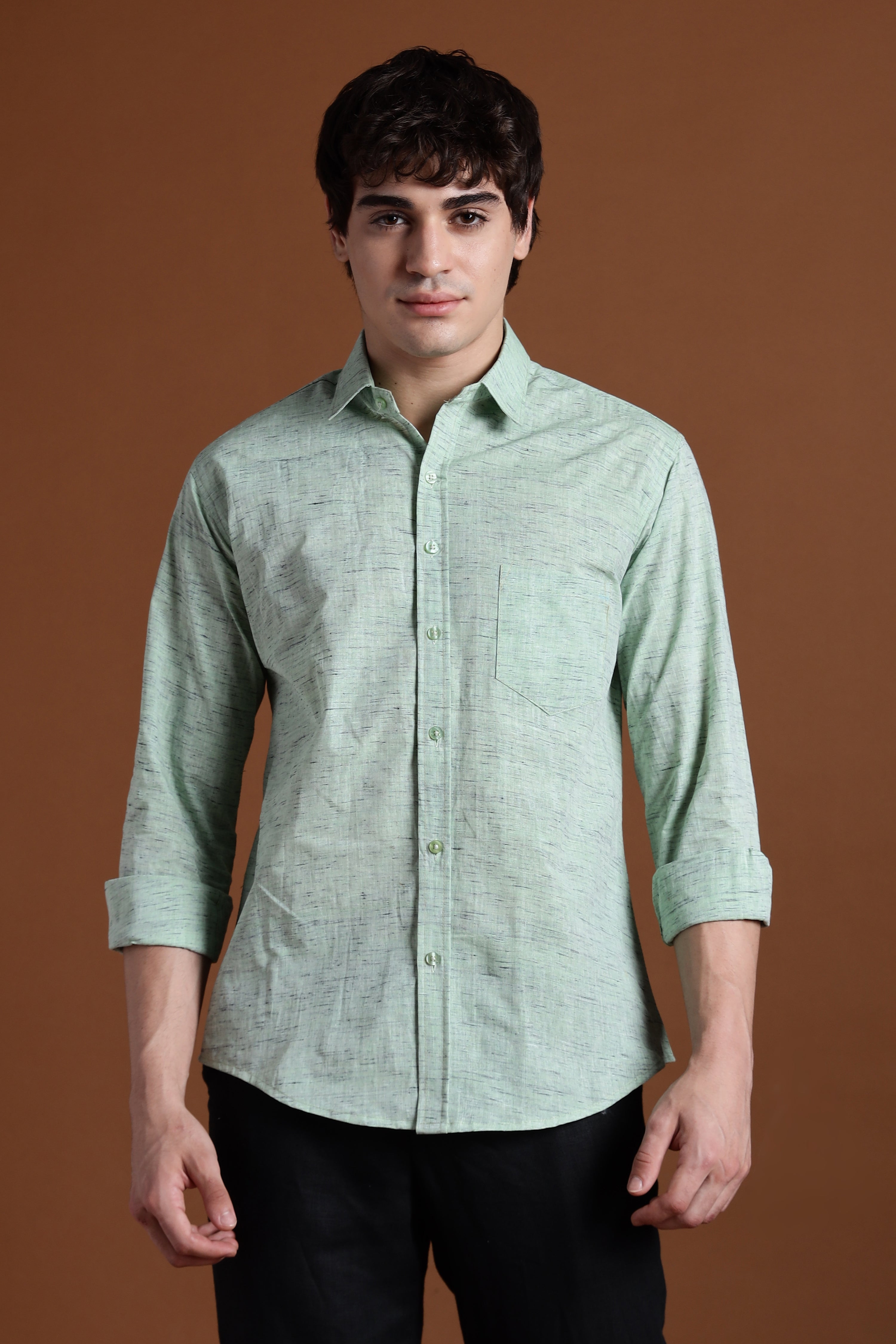 40s Single Thread Pista Colour Khadi Shirt – Handspun & Handwoven 100% Pure Cotton | Lightweight, Natural Comfort, Traditional Craft Meets Modern Style