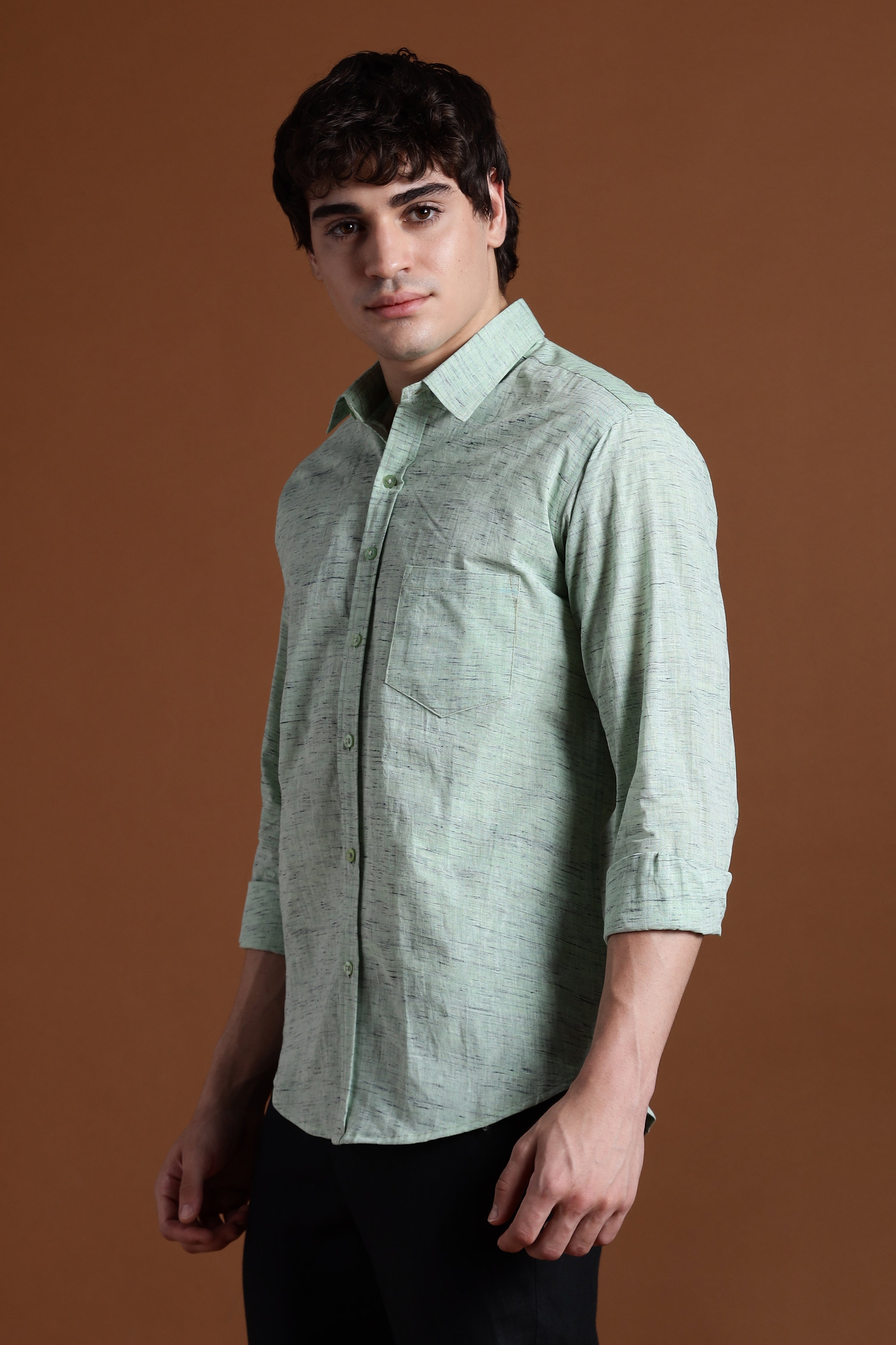 40s Single Thread Pista Colour Khadi Shirt – Handspun & Handwoven 100% Pure Cotton | Lightweight, Natural Comfort, Traditional Craft Meets Modern Style