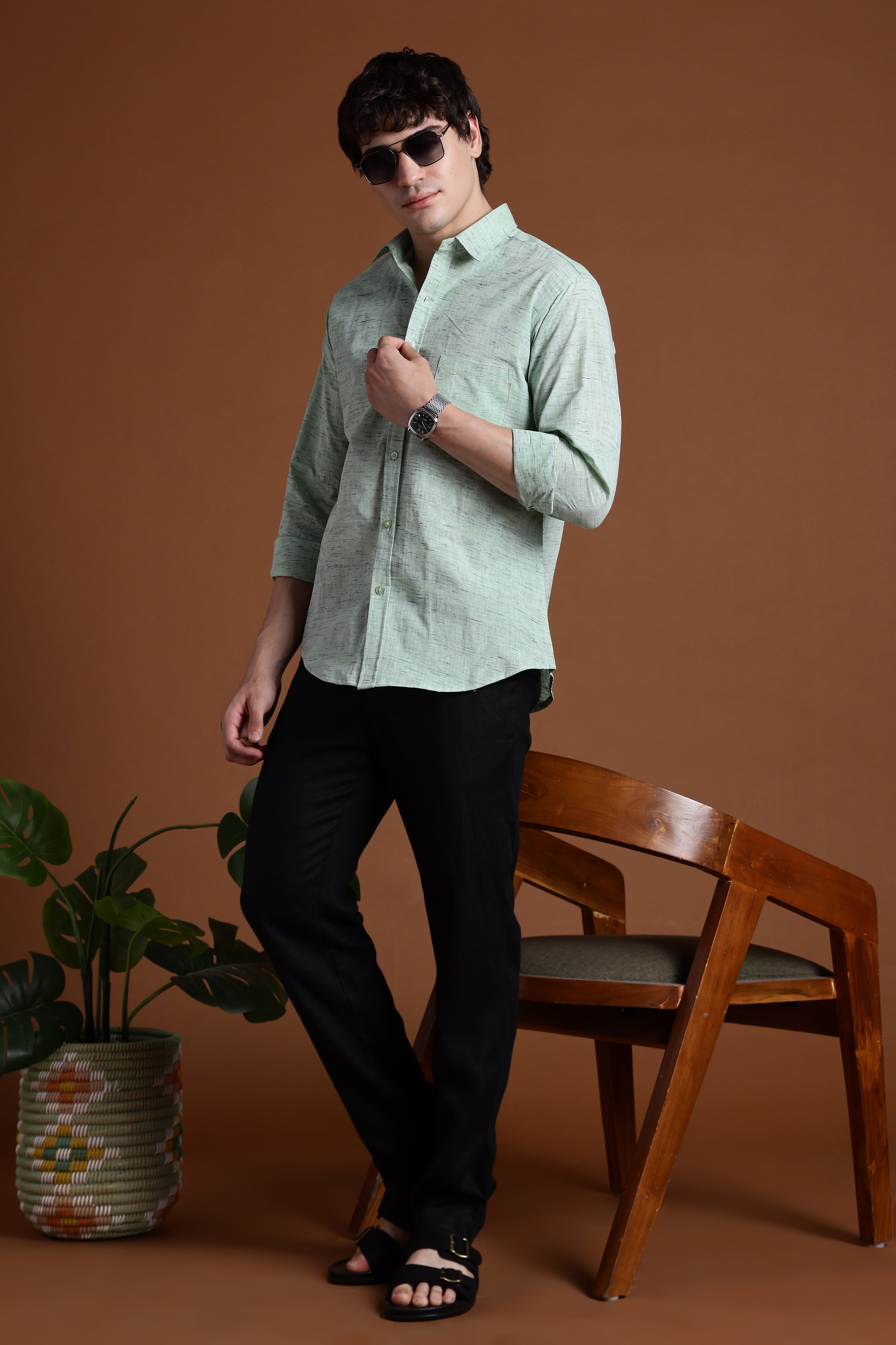 40s Single Thread Pista Colour Khadi Shirt – Handspun & Handwoven 100% Pure Cotton | Lightweight, Natural Comfort, Traditional Craft Meets Modern Style