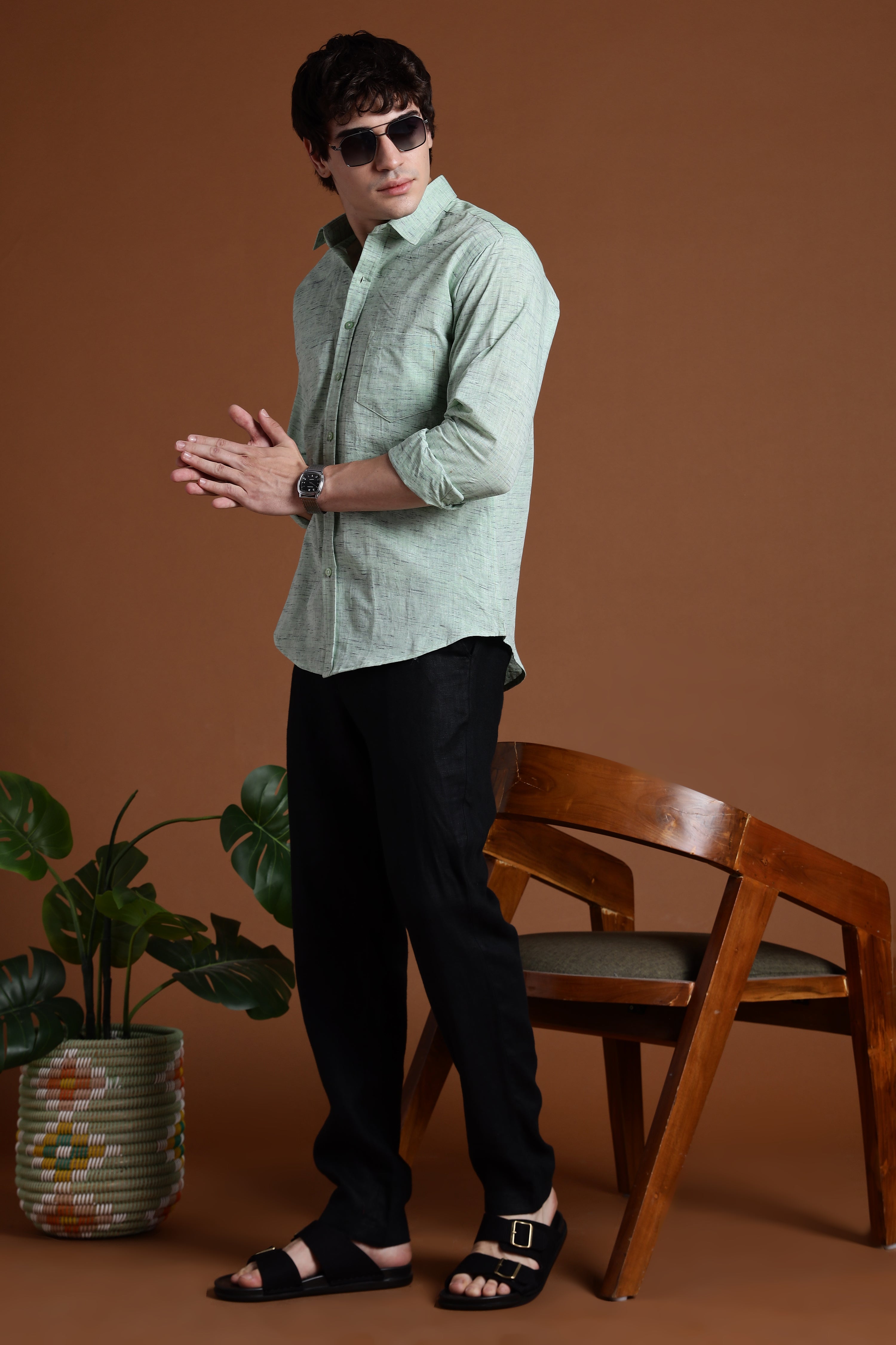 40s Single Thread Pista Colour Khadi Shirt – Handspun & Handwoven 100% Pure Cotton | Lightweight, Natural Comfort, Traditional Craft Meets Modern Style