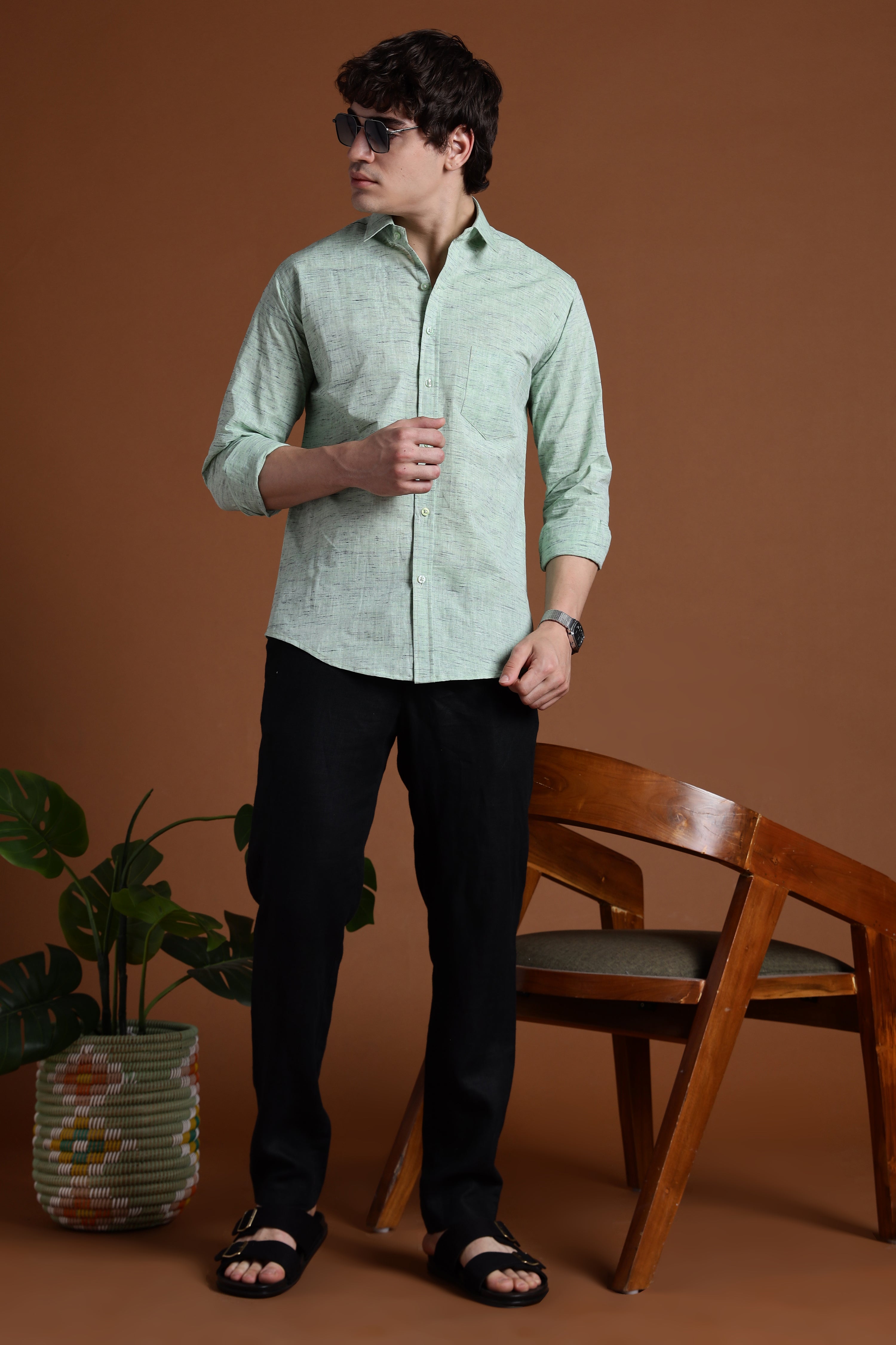 40s Single Thread Pista Colour Khadi Shirt – Handspun & Handwoven 100% Pure Cotton | Lightweight, Natural Comfort, Traditional Craft Meets Modern Style