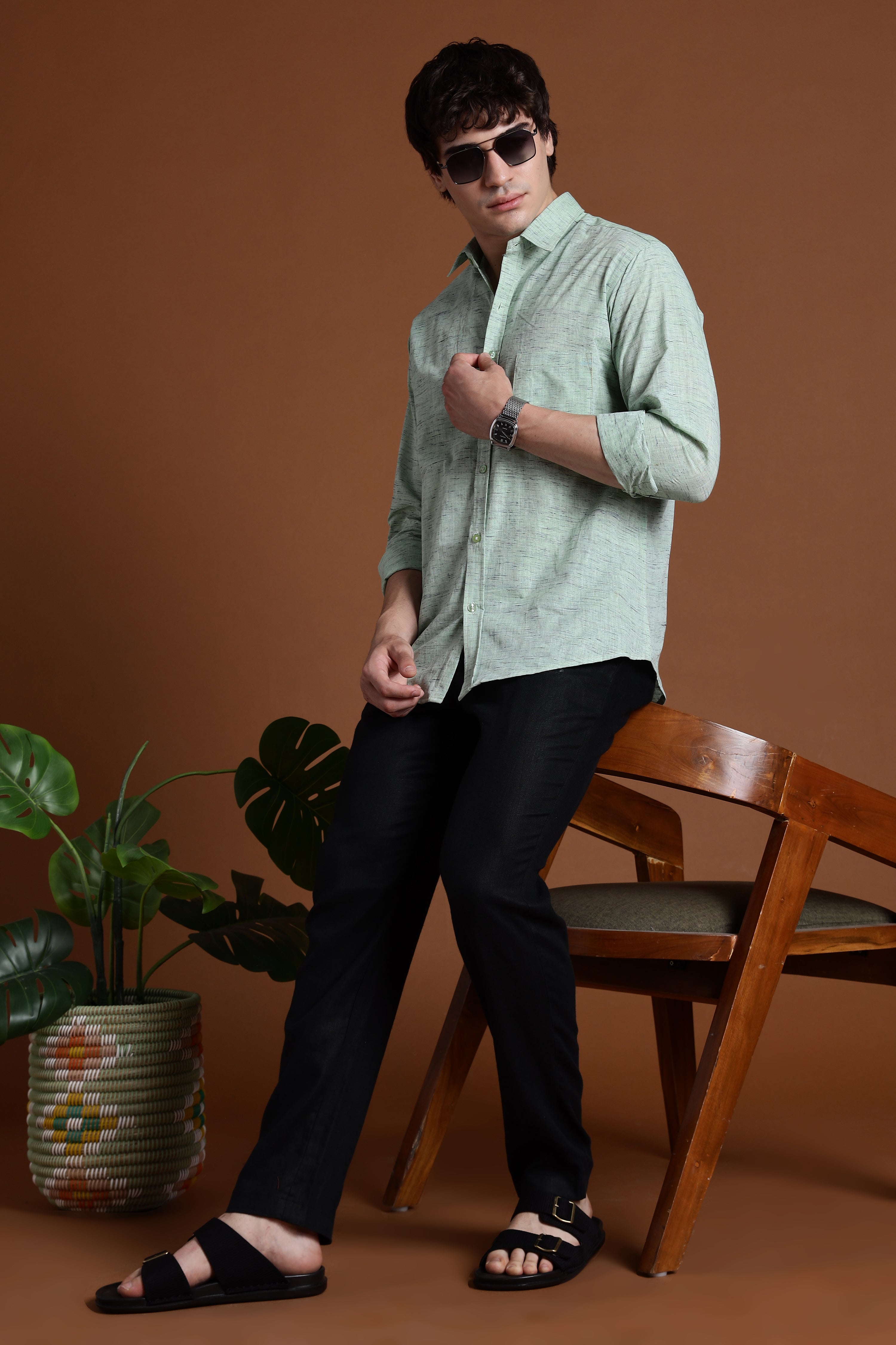 40s Single Thread Pista Colour Khadi Shirt – Handspun & Handwoven 100% Pure Cotton | Lightweight, Natural Comfort, Traditional Craft Meets Modern Style