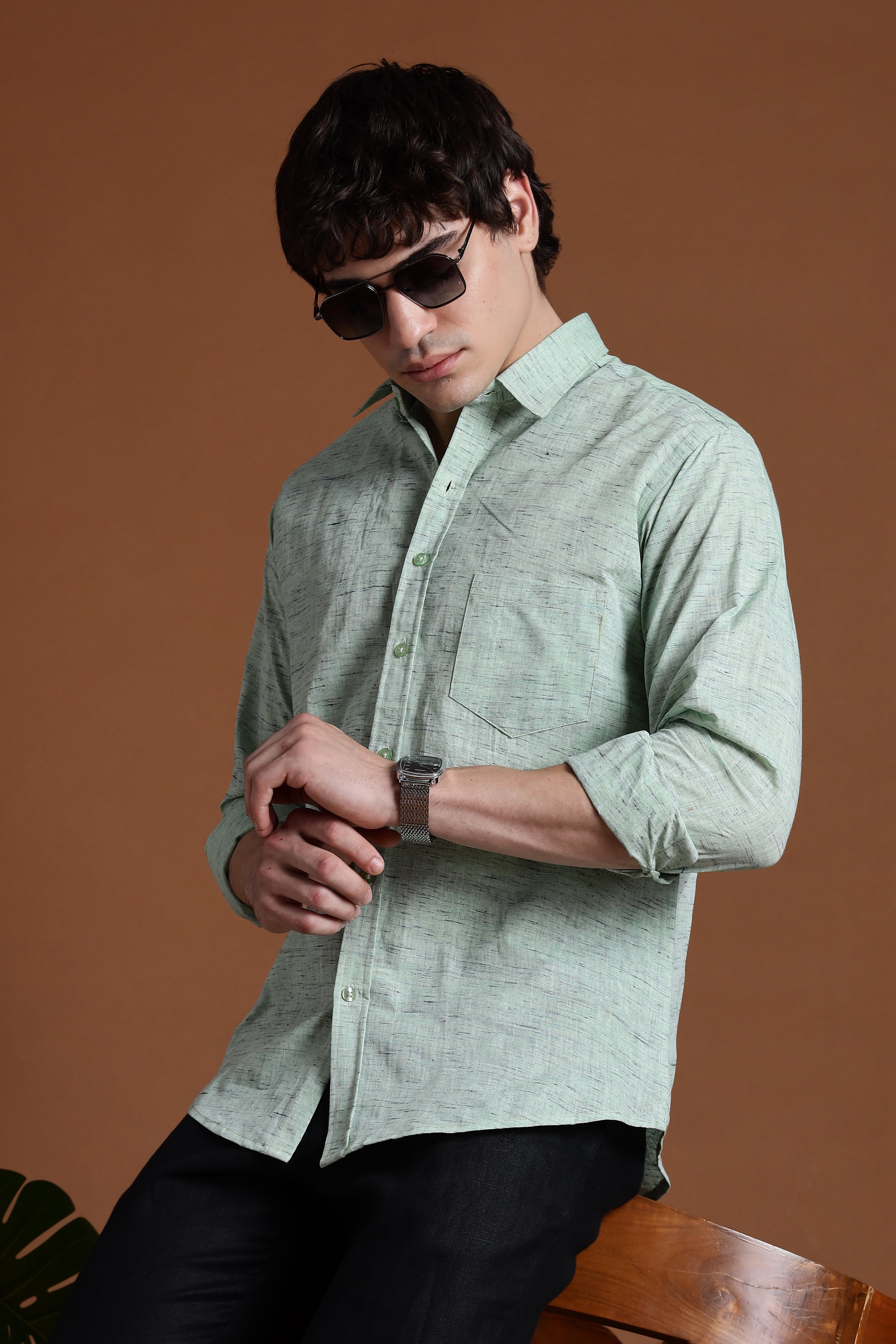 40s Single Thread Pista Colour Khadi Shirt – Handspun & Handwoven 100% Pure Cotton | Lightweight, Natural Comfort, Traditional Craft Meets Modern Style