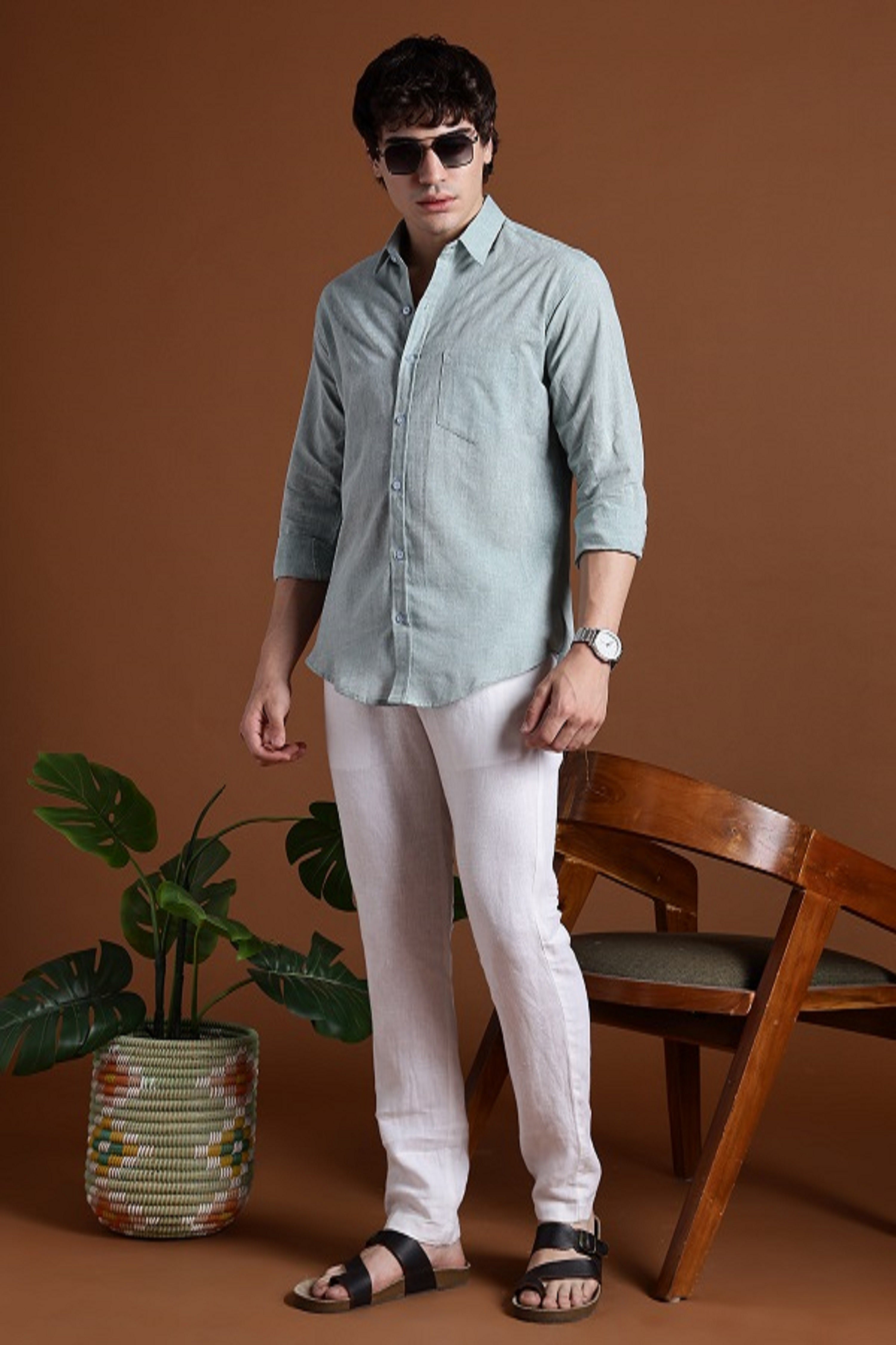 40s Single Thread Greenish Khadi Shirt – Handspun & Handwoven 100% Pure Cotton | Lightweight, Natural Comfort, Traditional Craft Meets Modern Style