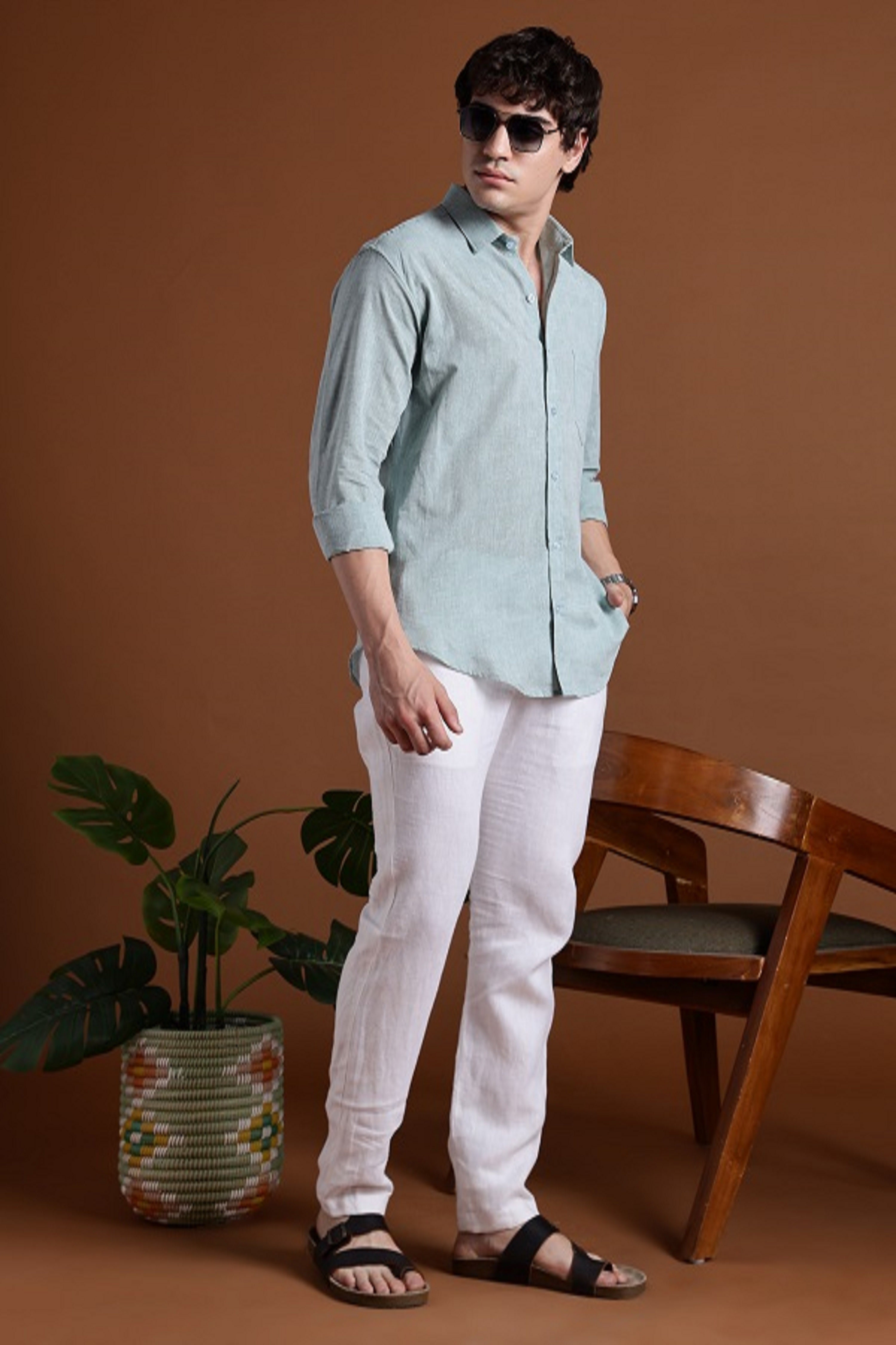 40s Single Thread Greenish Khadi Shirt – Handspun & Handwoven 100% Pure Cotton | Lightweight, Natural Comfort, Traditional Craft Meets Modern Style