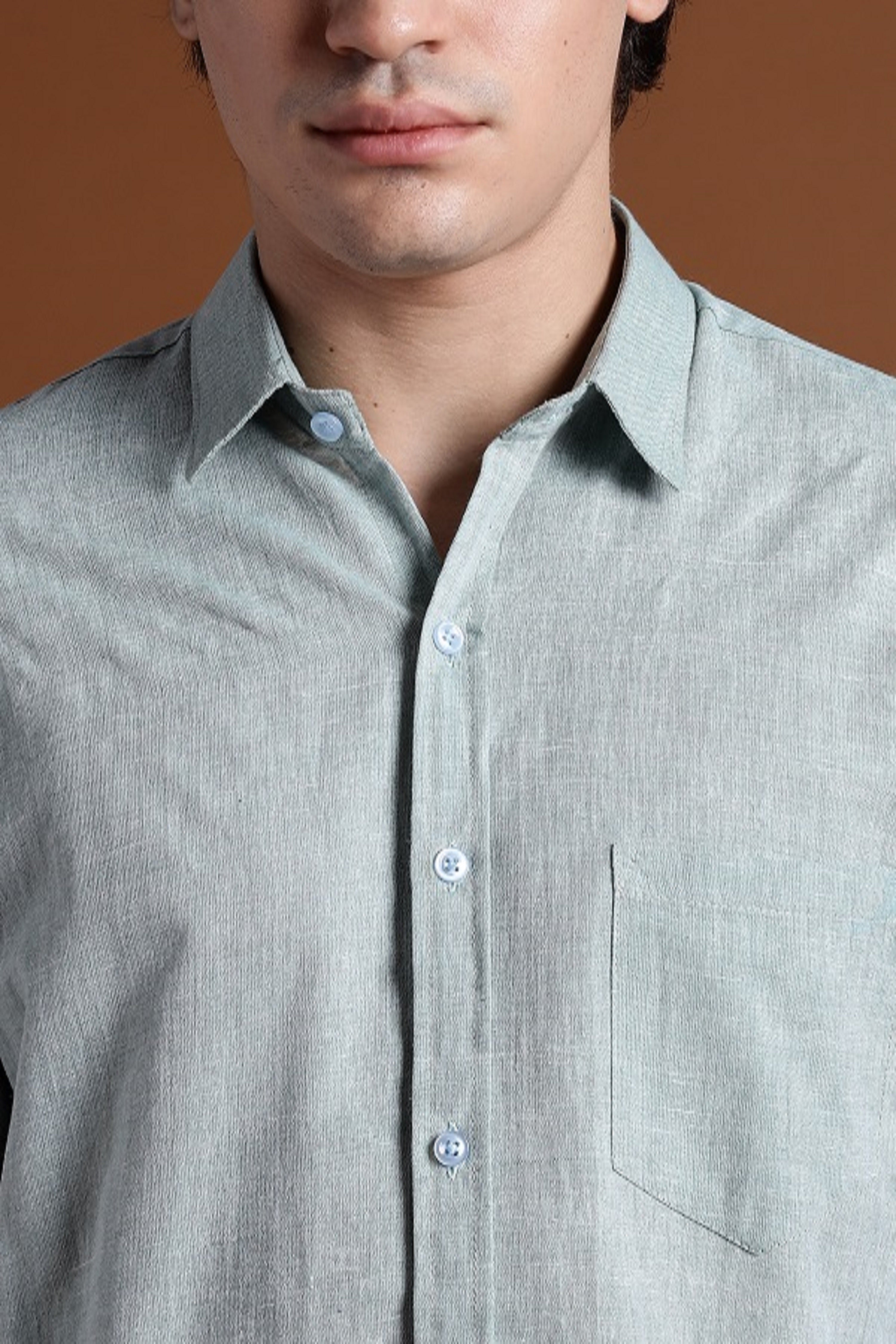 40s Single Thread Greenish Khadi Shirt – Handspun & Handwoven 100% Pure Cotton | Lightweight, Natural Comfort, Traditional Craft Meets Modern Style
