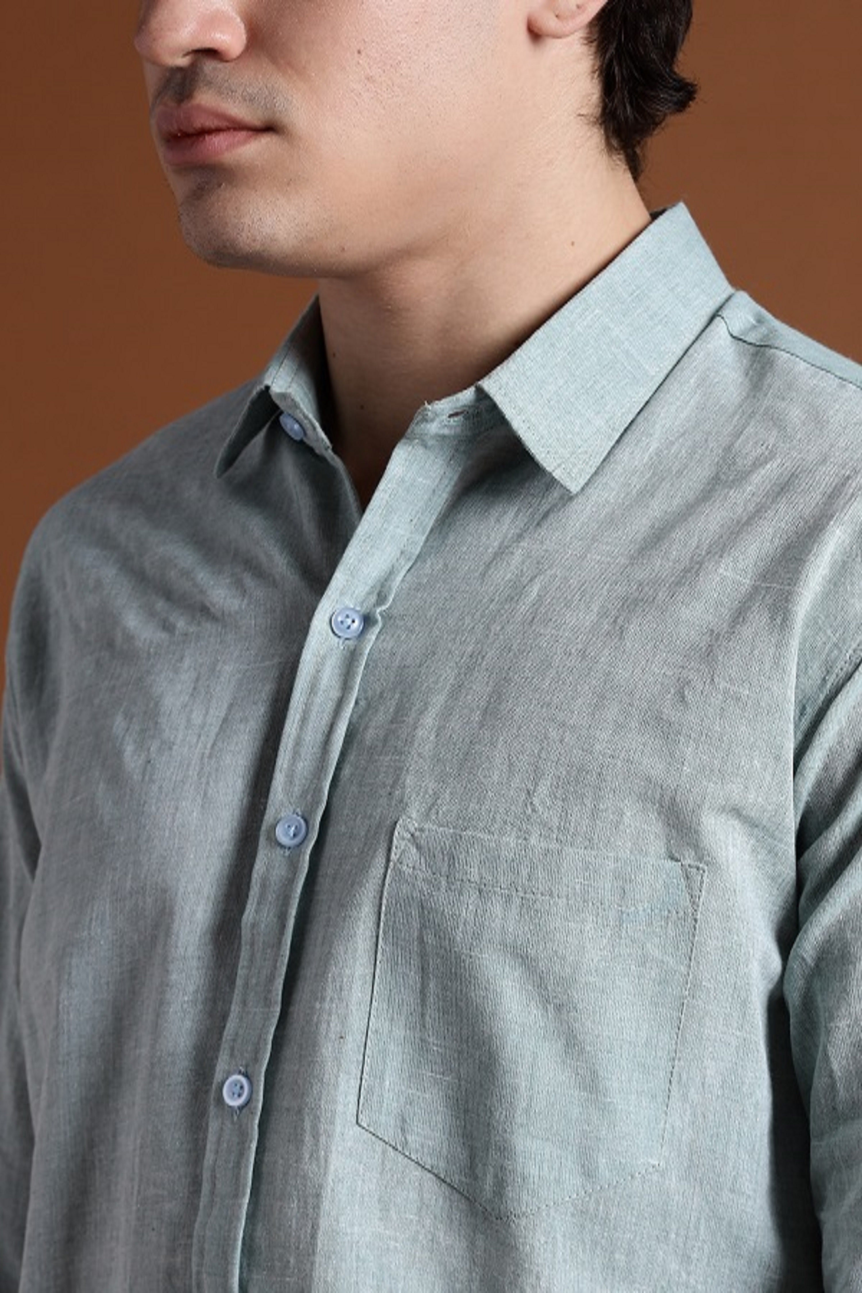 40s Single Thread Greenish Khadi Shirt – Handspun & Handwoven 100% Pure Cotton | Lightweight, Natural Comfort, Traditional Craft Meets Modern Style