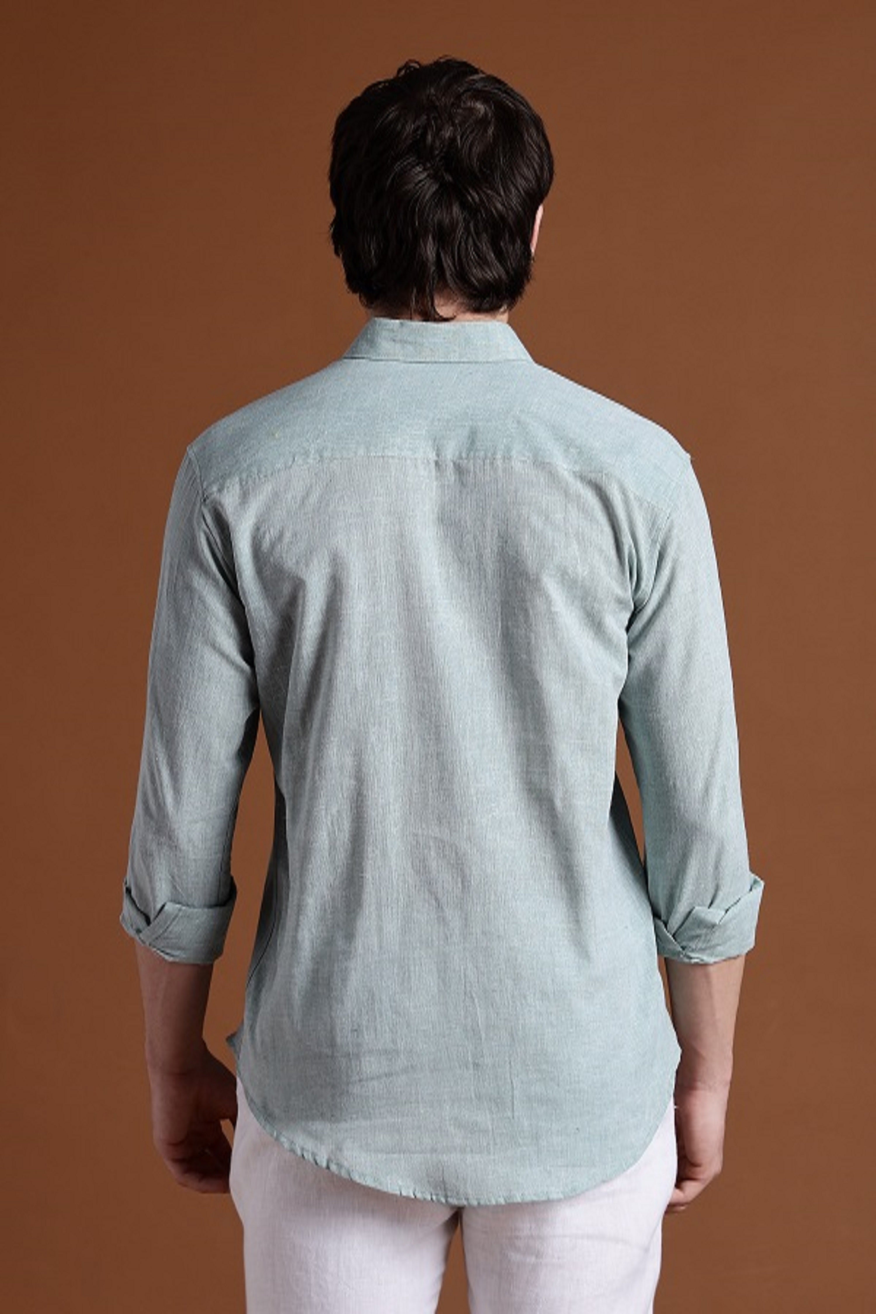 40s Single Thread Greenish Khadi Shirt – Handspun & Handwoven 100% Pure Cotton | Lightweight, Natural Comfort, Traditional Craft Meets Modern Style