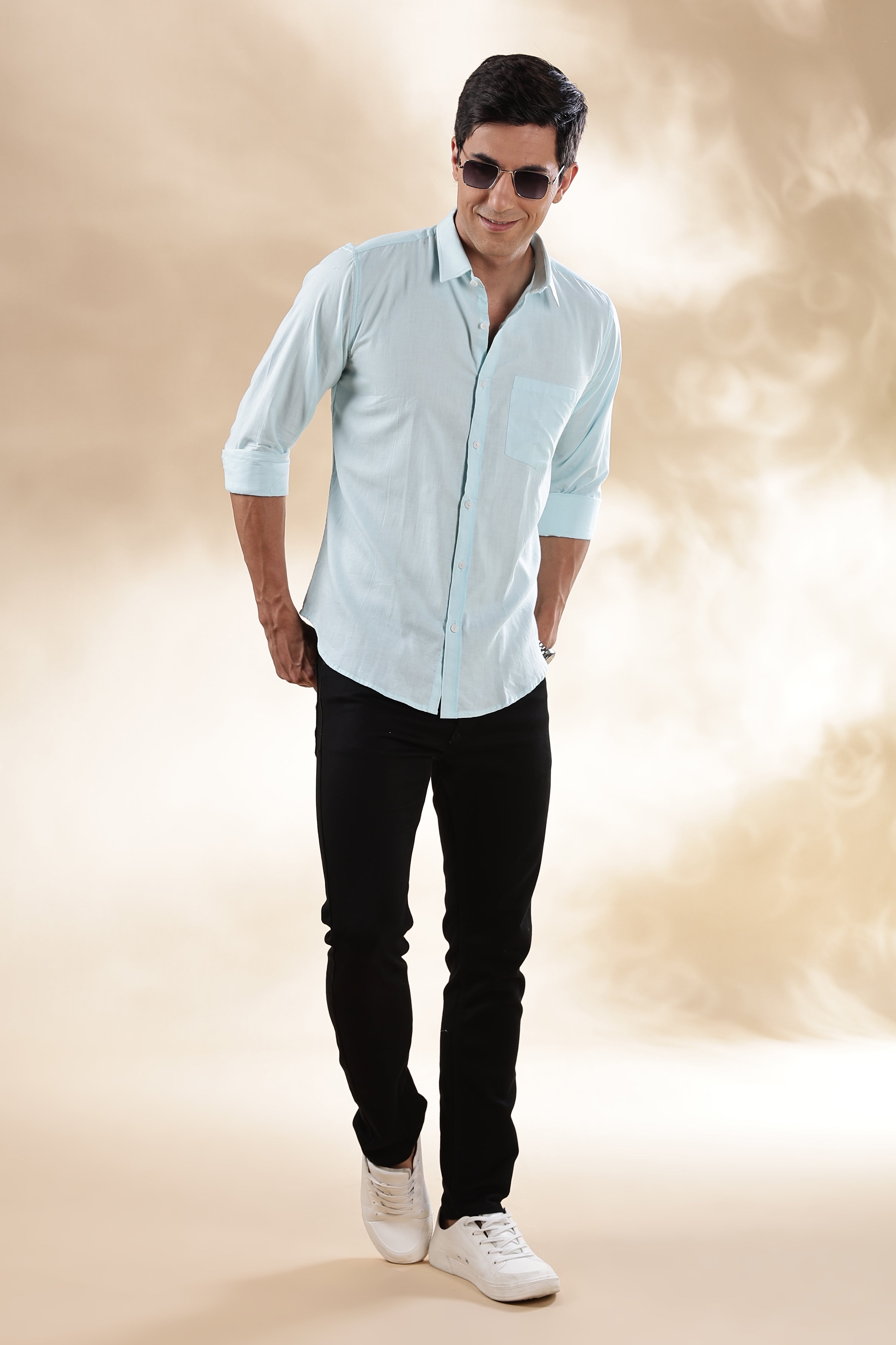 Muslin Khadi Shirt For Men | Full Sleeve Mens Khadi Shirt | Regular Fit Khadi Casual Solid Shirt | Regular Collar Khadi Shirt | Mens Formal Shirt | Sky Blue