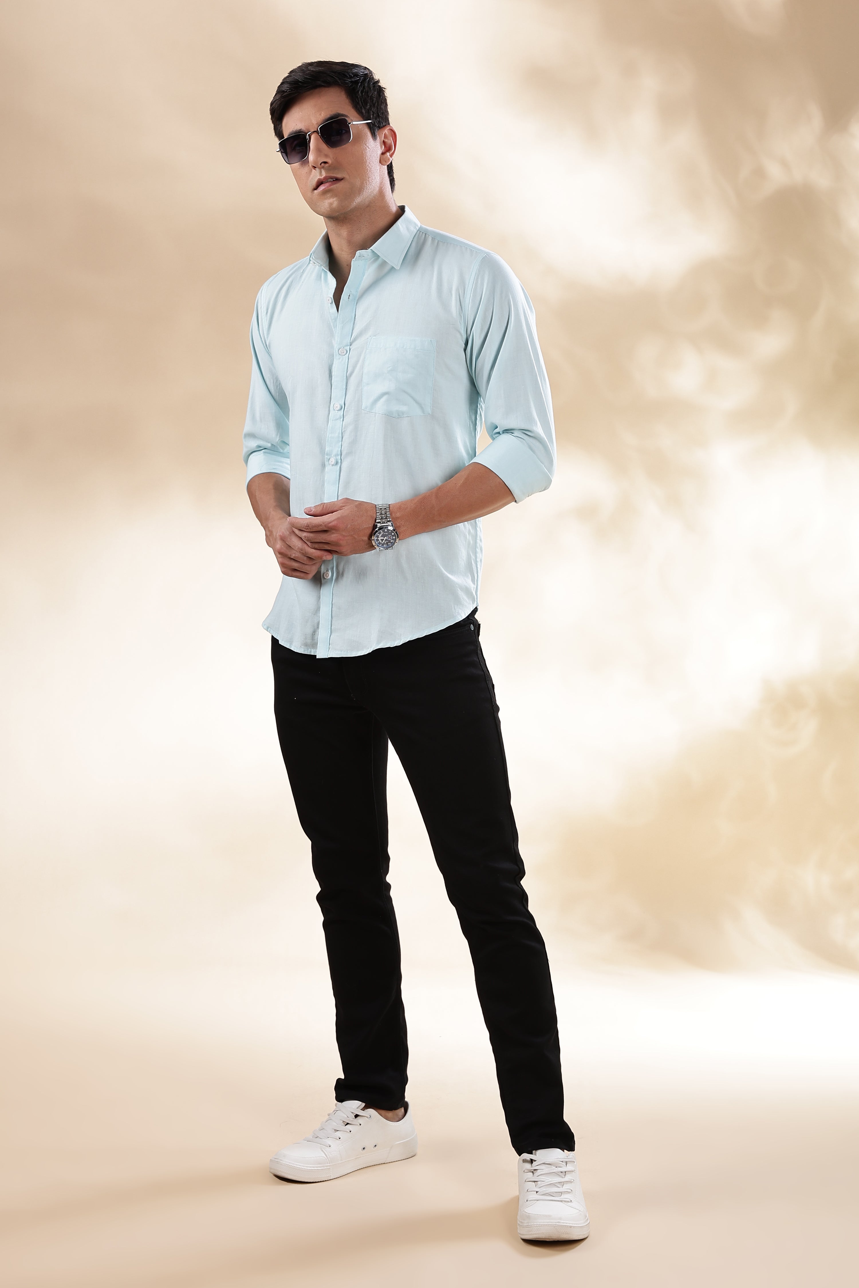 Muslin Khadi Shirt For Men | Full Sleeve Mens Khadi Shirt | Regular Fit Khadi Casual Solid Shirt | Regular Collar Khadi Shirt | Mens Formal Shirt | Sky Blue