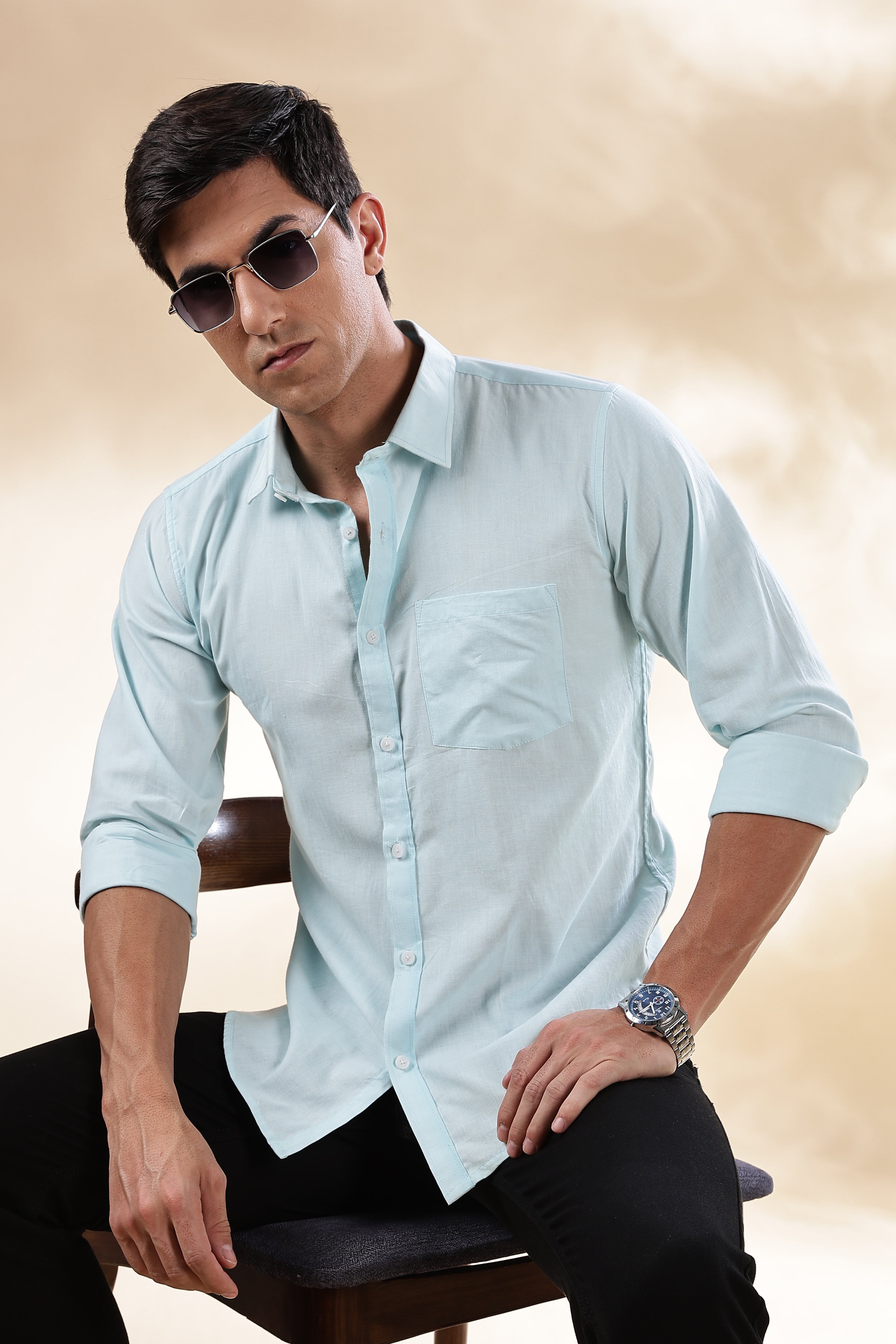 Muslin Khadi Shirt For Men | Full Sleeve Mens Khadi Shirt | Regular Fit Khadi Casual Solid Shirt | Regular Collar Khadi Shirt | Mens Formal Shirt | Sky Blue
