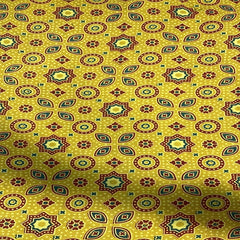 Traditional Handloom Cotton Fabric Yellow Colour with Ajrak Handprint – 44” Width | Perfect for Ladies’ Wear & Occasions