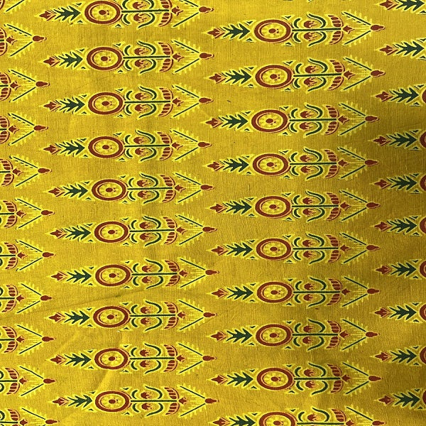 Traditional Handloom Cotton Fabric Yellow with Ajrak Handprint – 44” Width | Perfect for Ladies’ Wear & Occasions