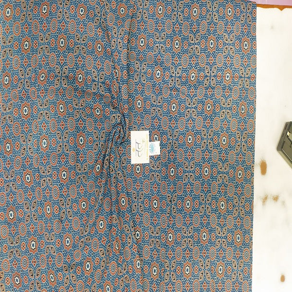 Traditional Handloom Cotton Fabric Blue Colour with Ajrak Handprint – 44” Width | Perfect for Ladies’ Wear & Occasions