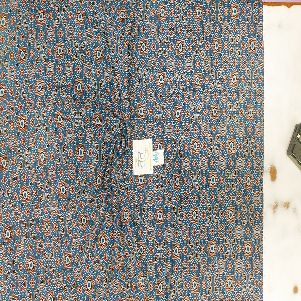 Traditional Handloom Cotton Fabric Blue Colour with Ajrak Handprint – 44” Width | Perfect for Ladies’ Wear & Occasions